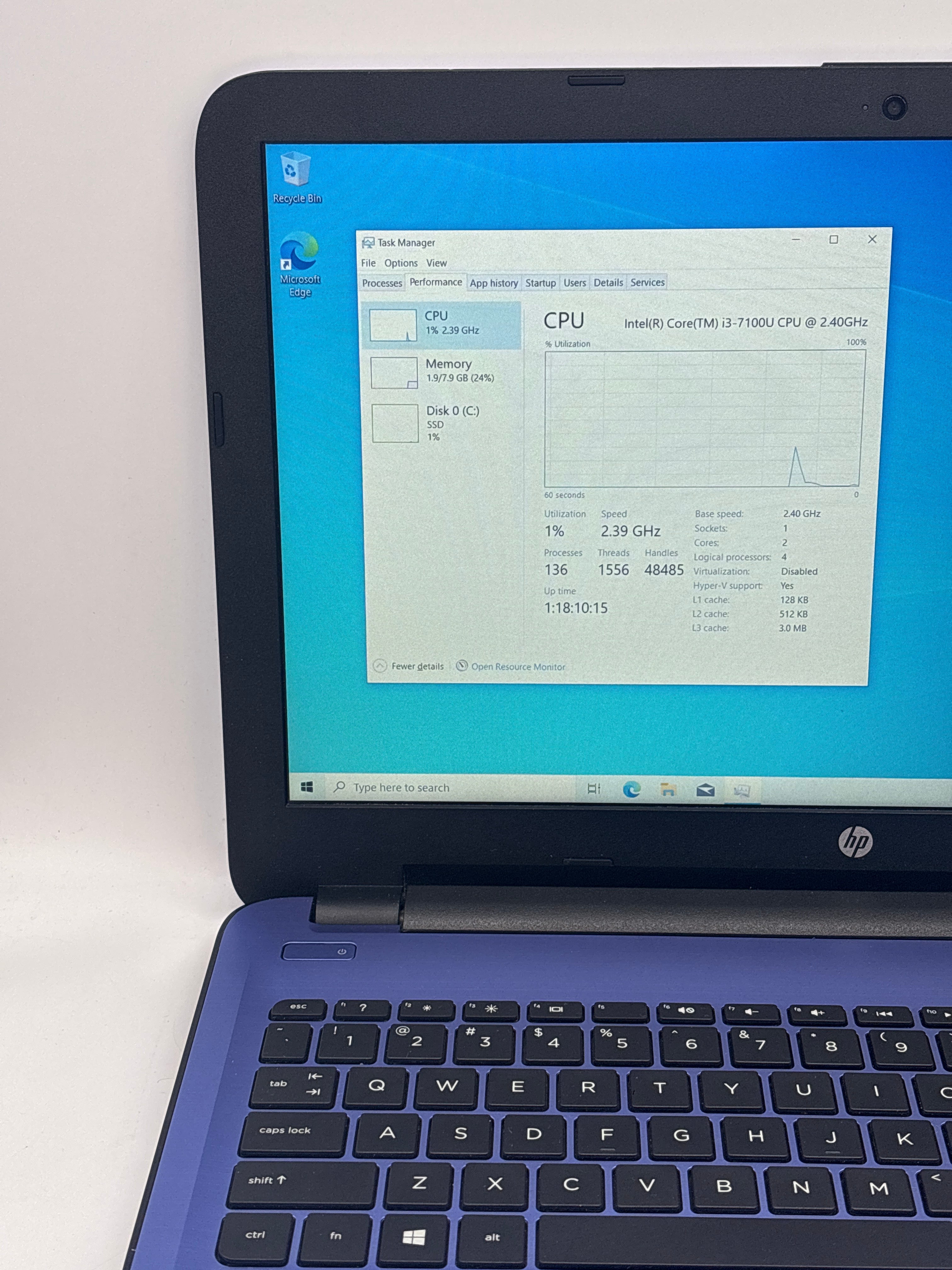 HP 15t-ay100 15.6" Core i3-7100U 8GB RAM 128GB SSD Blue - Used