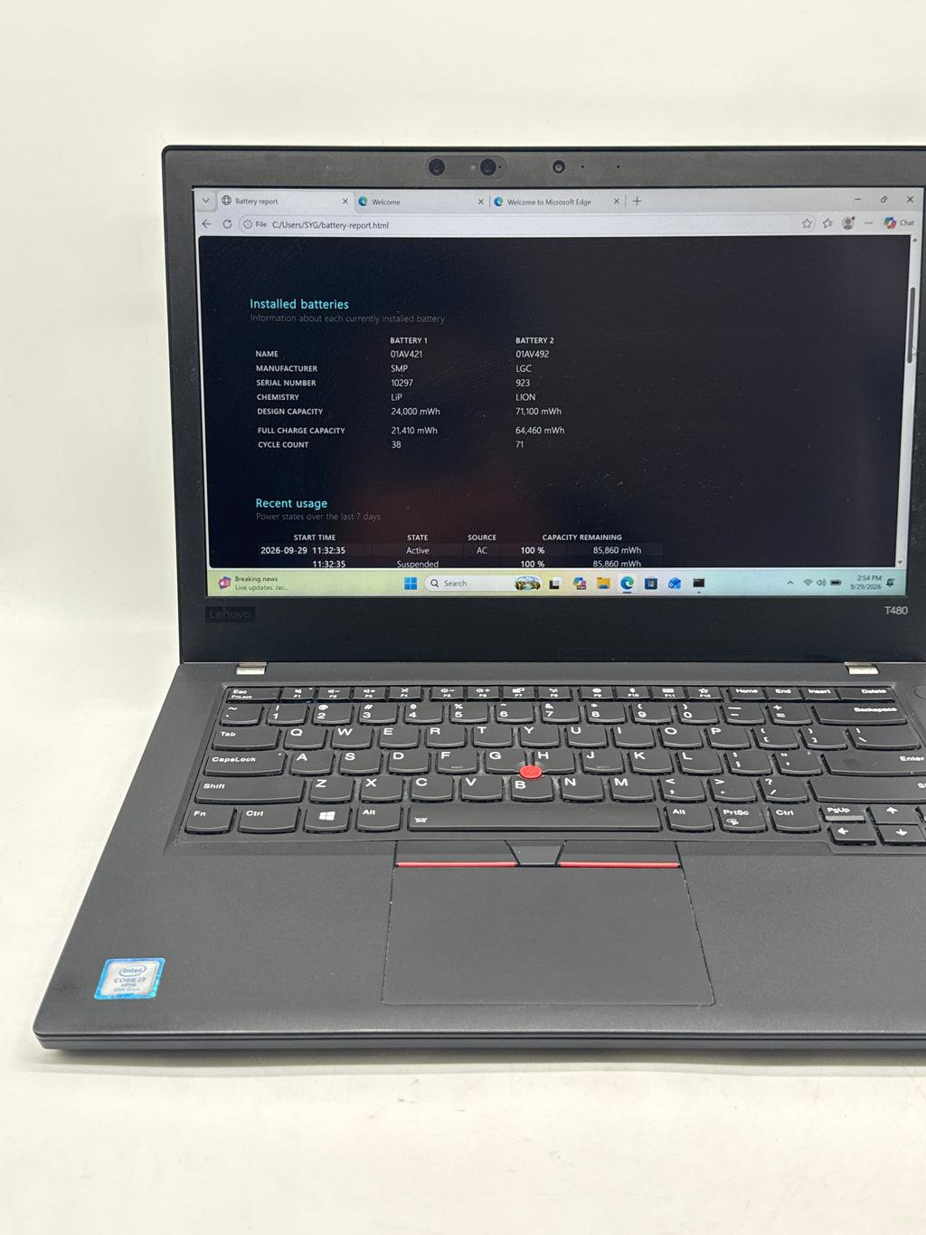 Lenovo ThinkPad T480 i7-8650U 32GB 256GB SSD MX150 - Used