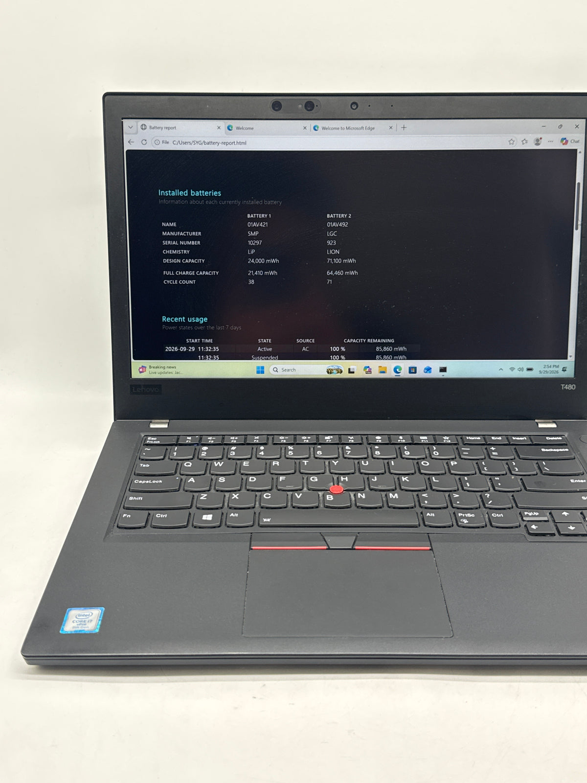 Lenovo ThinkPad T480 i7-8650U 32GB 256GB SSD MX150 - Used