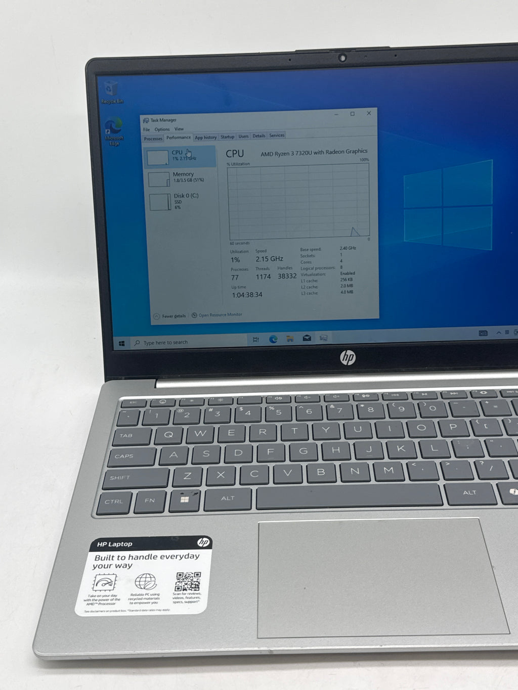 HP 14-EM0349NR 14" AMD Ryzen 3 4GB RAM 256GB HDD Silver - Used