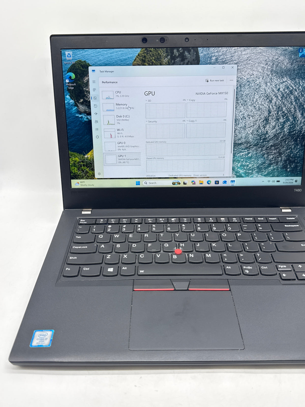 Lenovo ThinkPad T480 i7-8650U 32GB 256GB SSD MX150 - Used