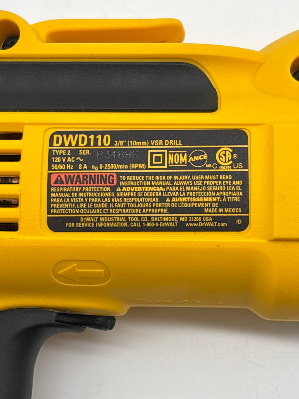 DeWalt DWD110 3/8 Inch Corded Drill Driver Yellow - Used