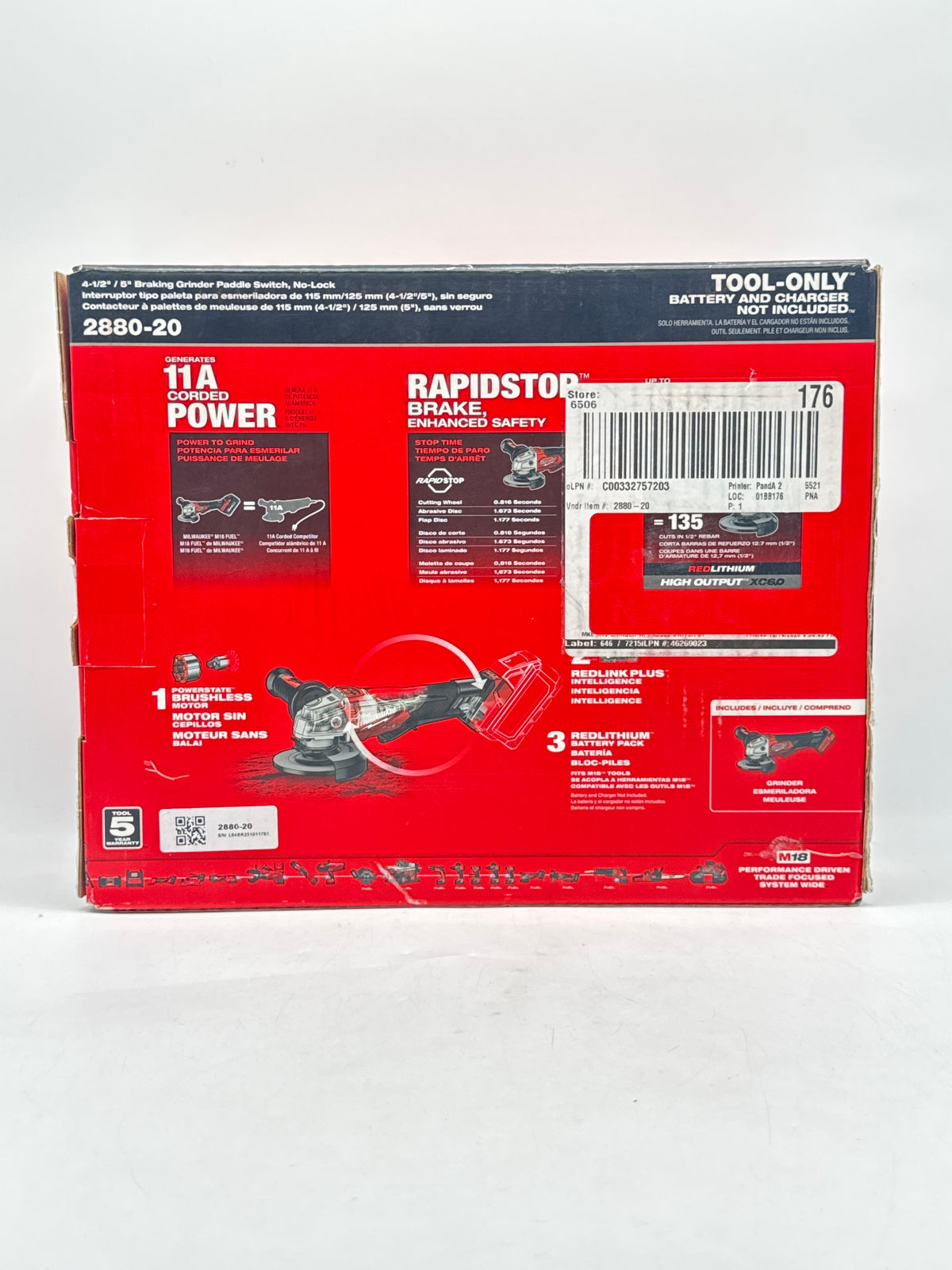 Milwaukee 2880-20 M18 FUEL 4-1/2"/5" Braking Grinder Tool Only - New