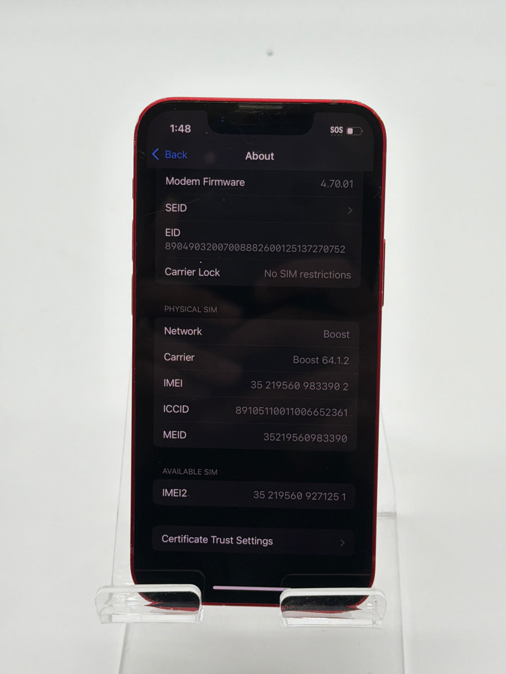 Apple iPhone 13 Mini 5.4 in A2481 128 GB Red Unlocked - After Market Battery