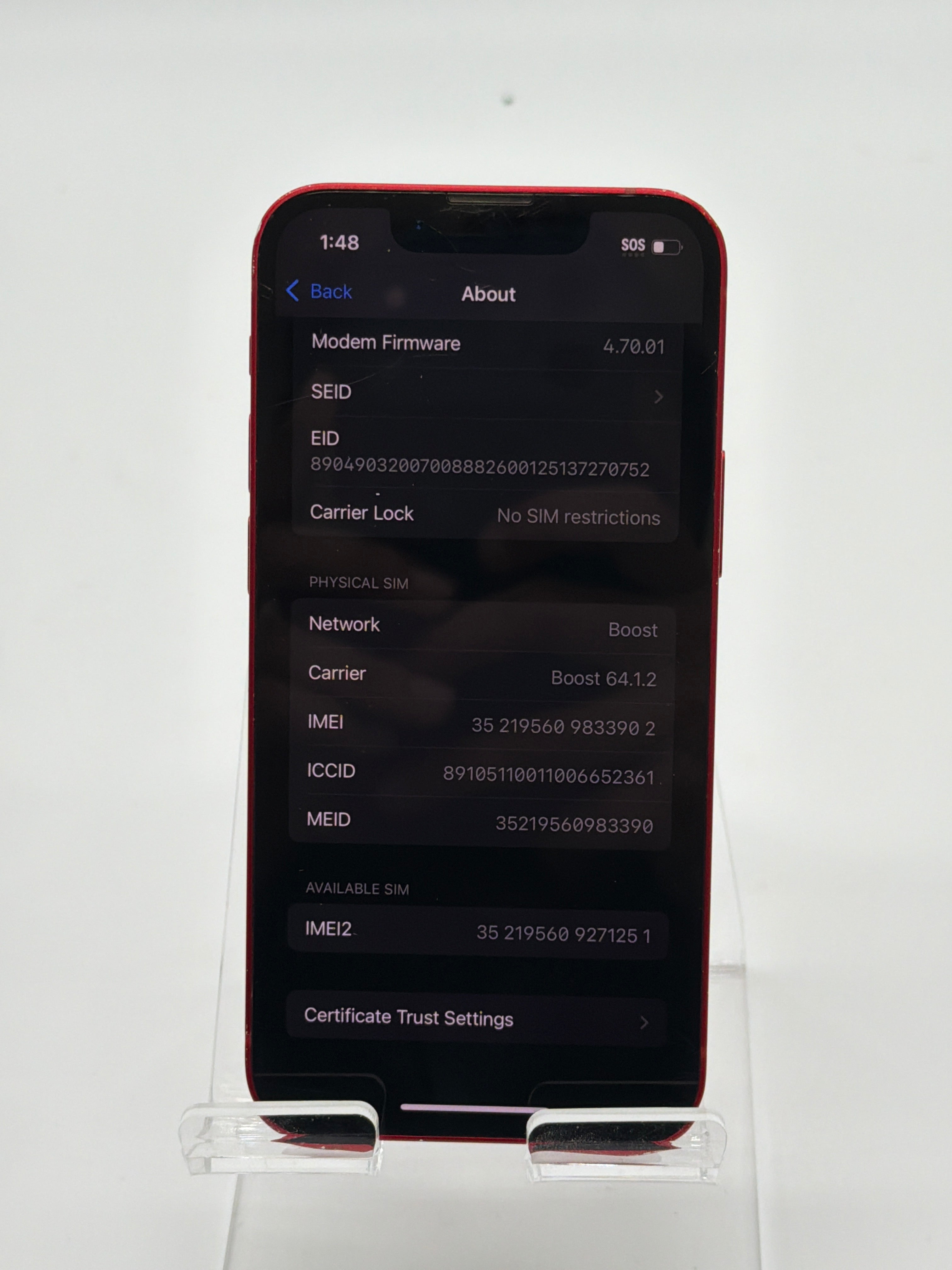 Apple iPhone 13 Mini 5.4 in A2481 128 GB Red Unlocked - After Market Battery