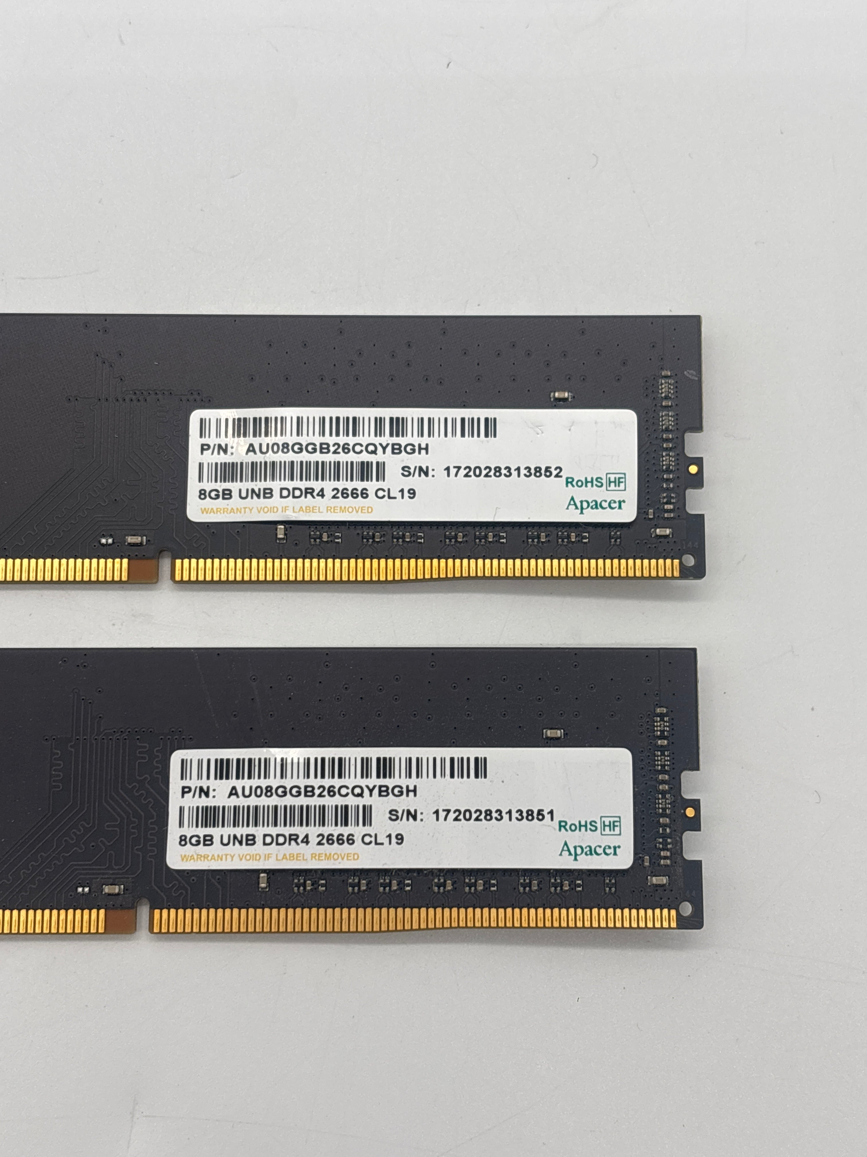 Used Apacer 8GB UNB DDR4 2666 CL19 RAM DIMM 288 Pins - Lot of 2- Total 16GB
