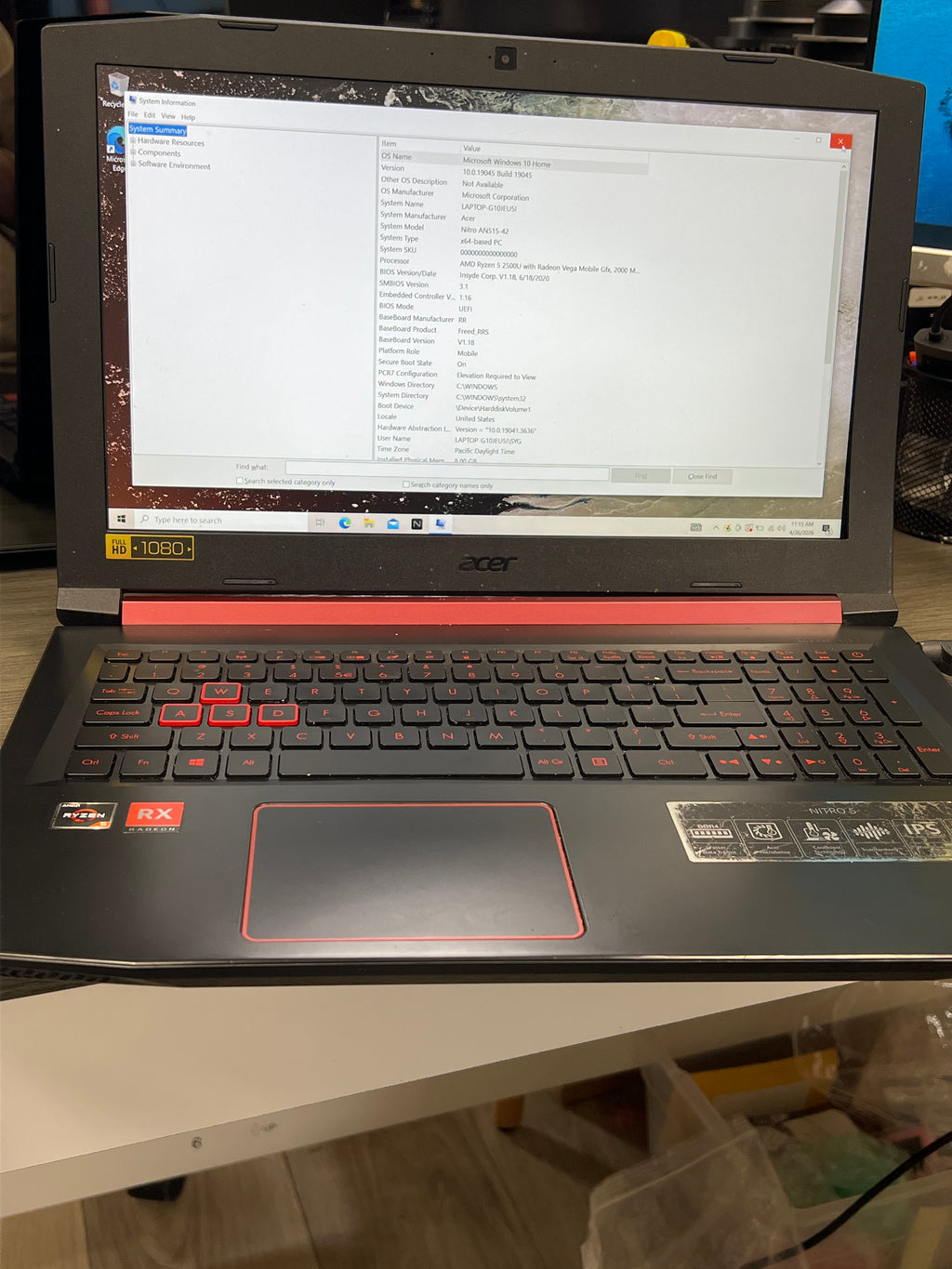 Acer Nitro 5 AN515-42 Ryzen 5-2500u 8GB Ram 1TB HDD RX 560X - For Parts Read