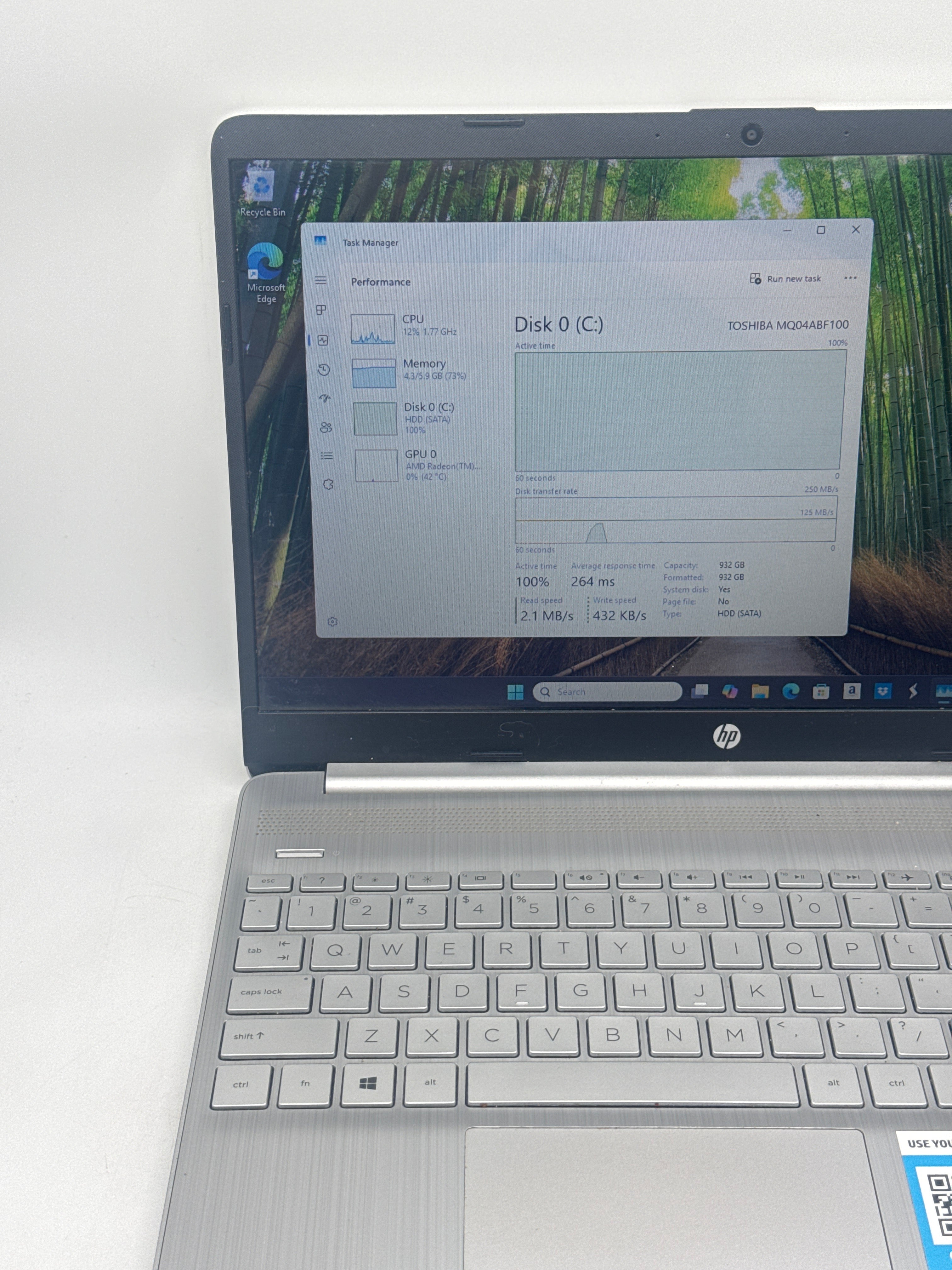 HP 15-GW00230D Ryzen 3 3250U 8GB RAM 1TB HDD - Bad HDD