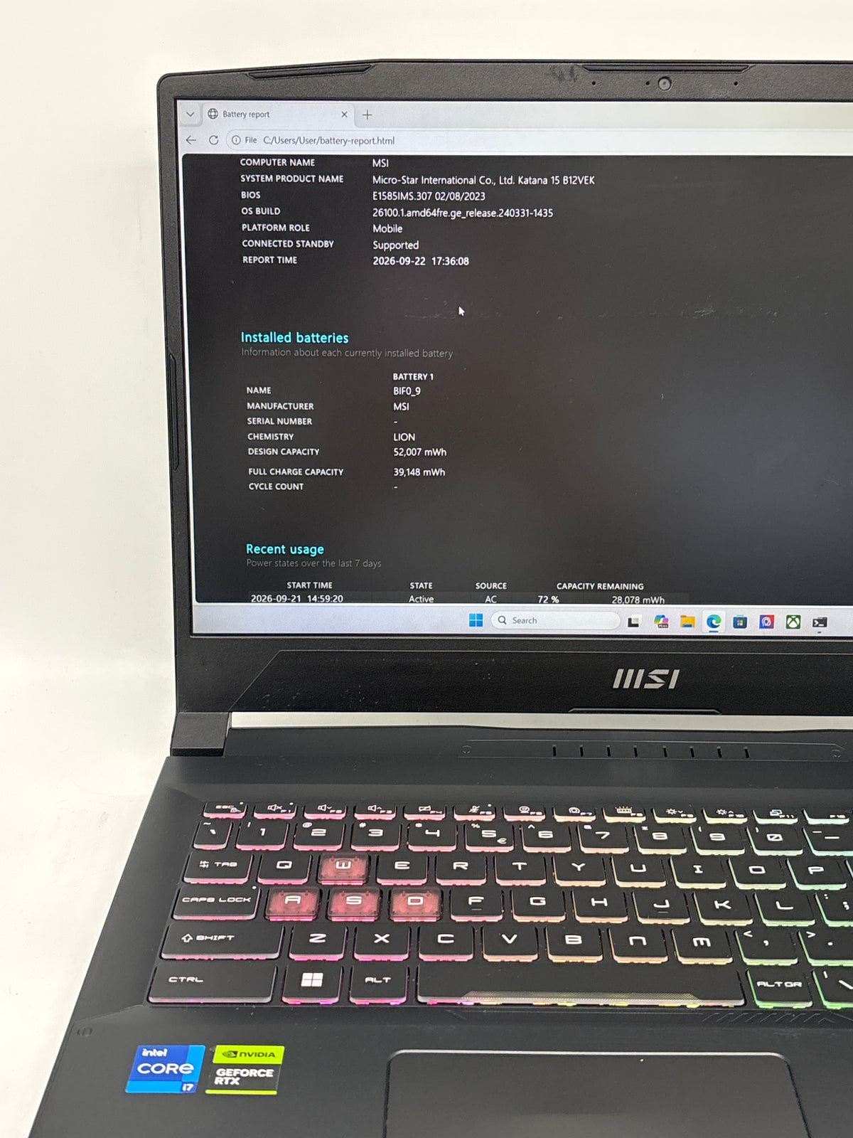 MSI Katana 15 B12VeK 15" Core i7-12650H 32GB RAM 1TB SSD RTX 4050 - Used