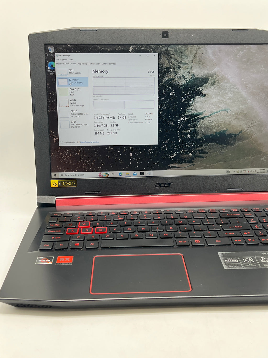 Acer Nitro 5 AN515-42 Ryzen 5-2500u 8GB Ram 1TB HDD RX 560X - For Parts Read