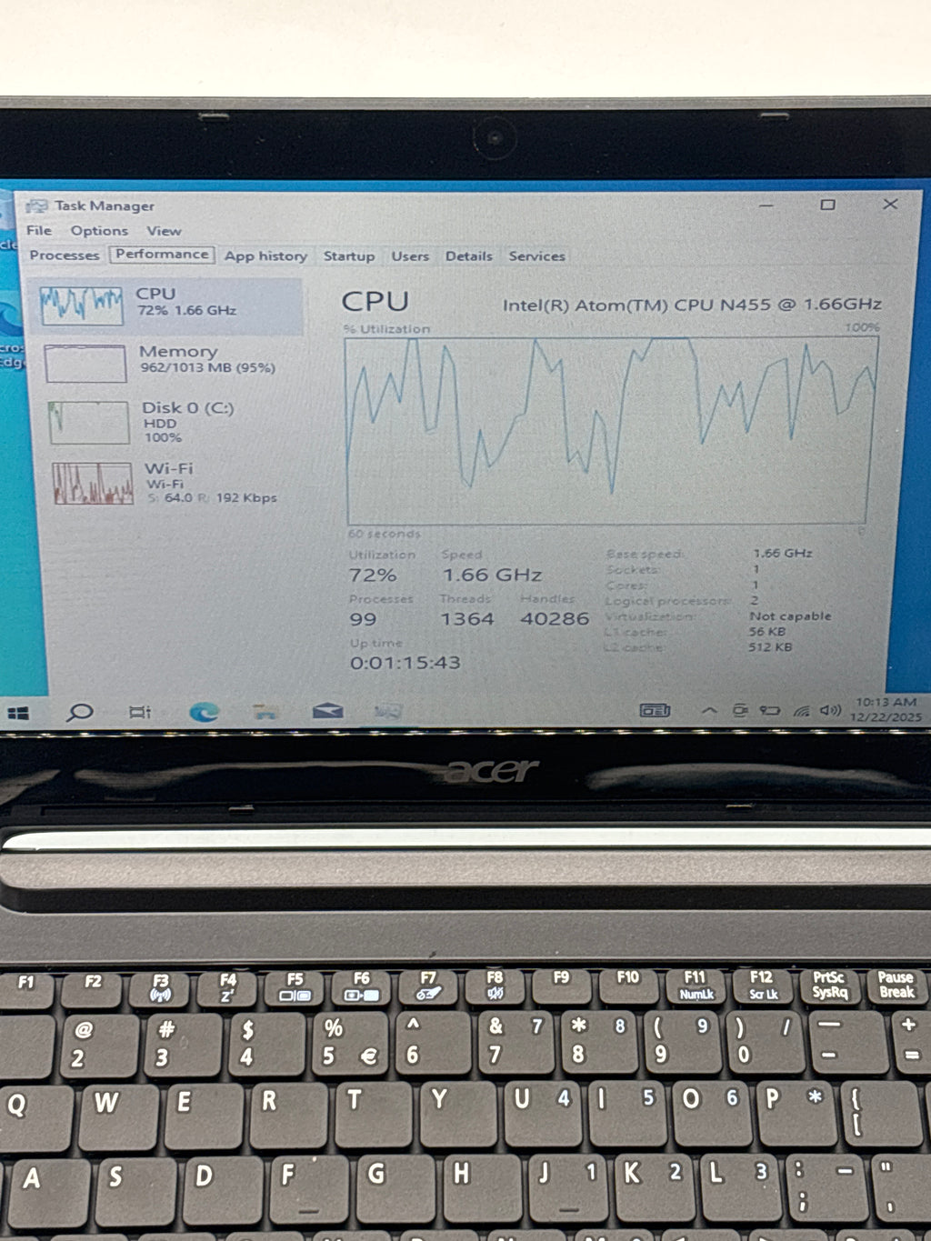 Acer Aspire One Intel Atom 1.60 GHz 1 GB RAM Blue For Parts (Read DESC)