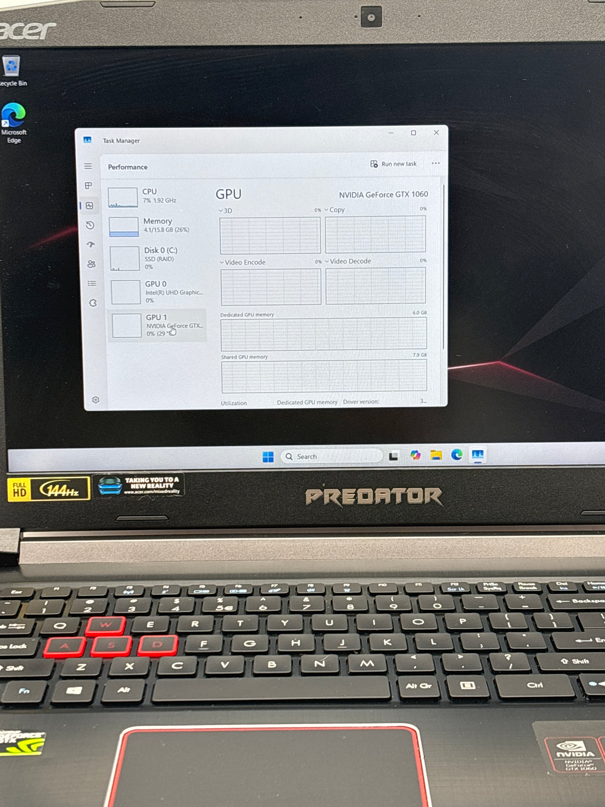 Acer Predator Helios 300 15.6" Core i7-8750H 16GB RAM 256GB SSD GTX 1060 Black - Used