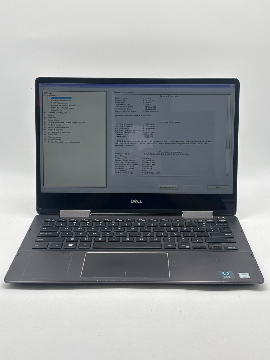 Dell Inspiron 13 7386 13.3" Intel i7-8565U 16GB RAM - READ