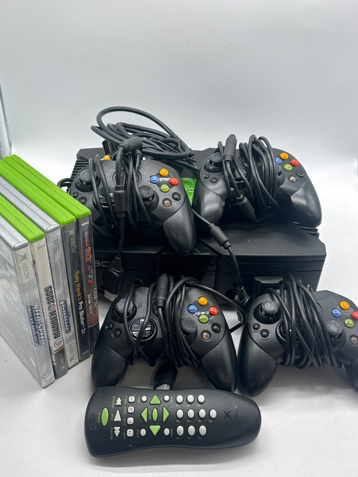 Microsoft Original Xbox 2001 Black Console w/ 4 Controllers - Used