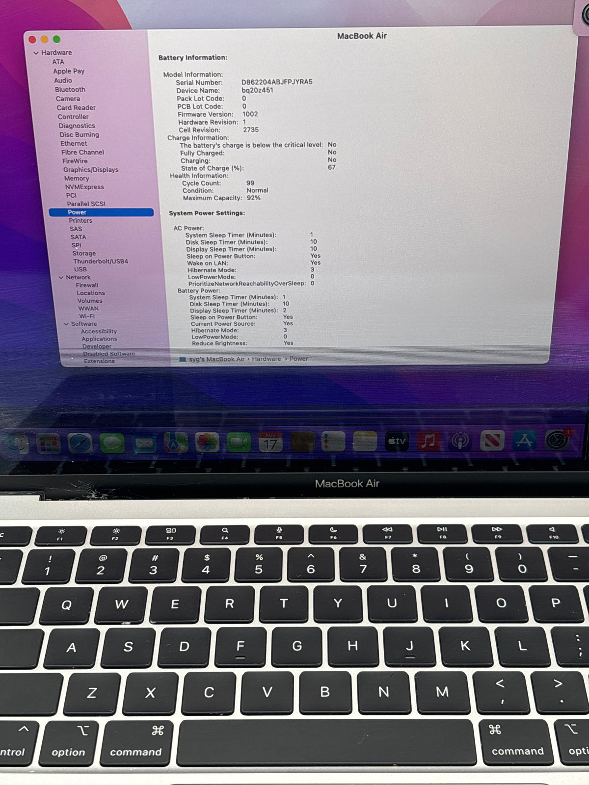 Apple MacBook Air 13" A2337 M1 8GB RAM 256GB SSD Silver - Bad Display