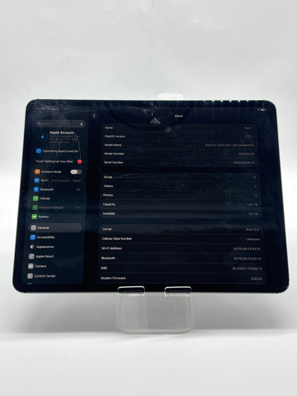 Apple iPad Pro 12.9" 4th Gen A2069 A12Z 6GB RAM 1TB Wi-Fi + Cellular - Cracked Screen