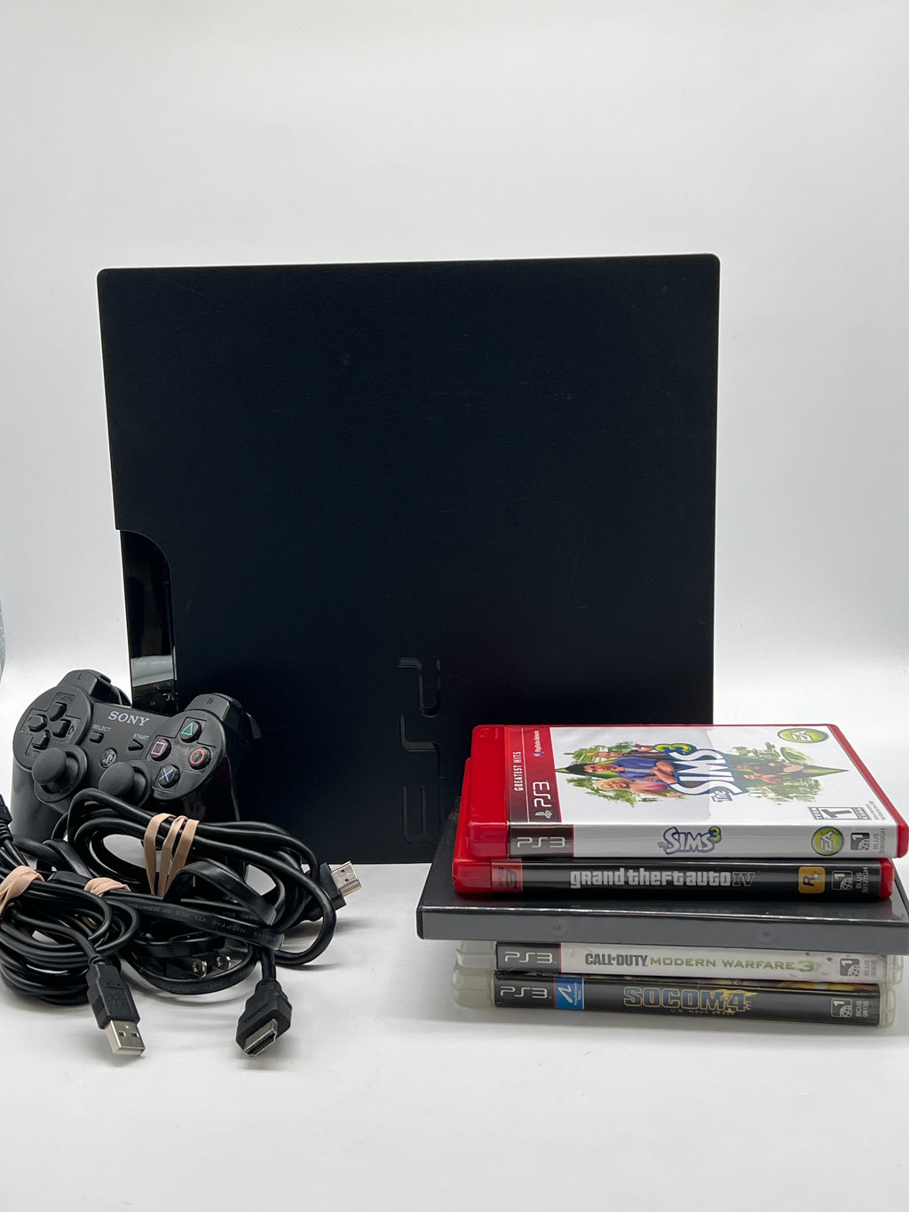 Sony PlayStation 3 Slim CECH-2512B 320GB Black Console w/ 1 Controller 5 Games - Used