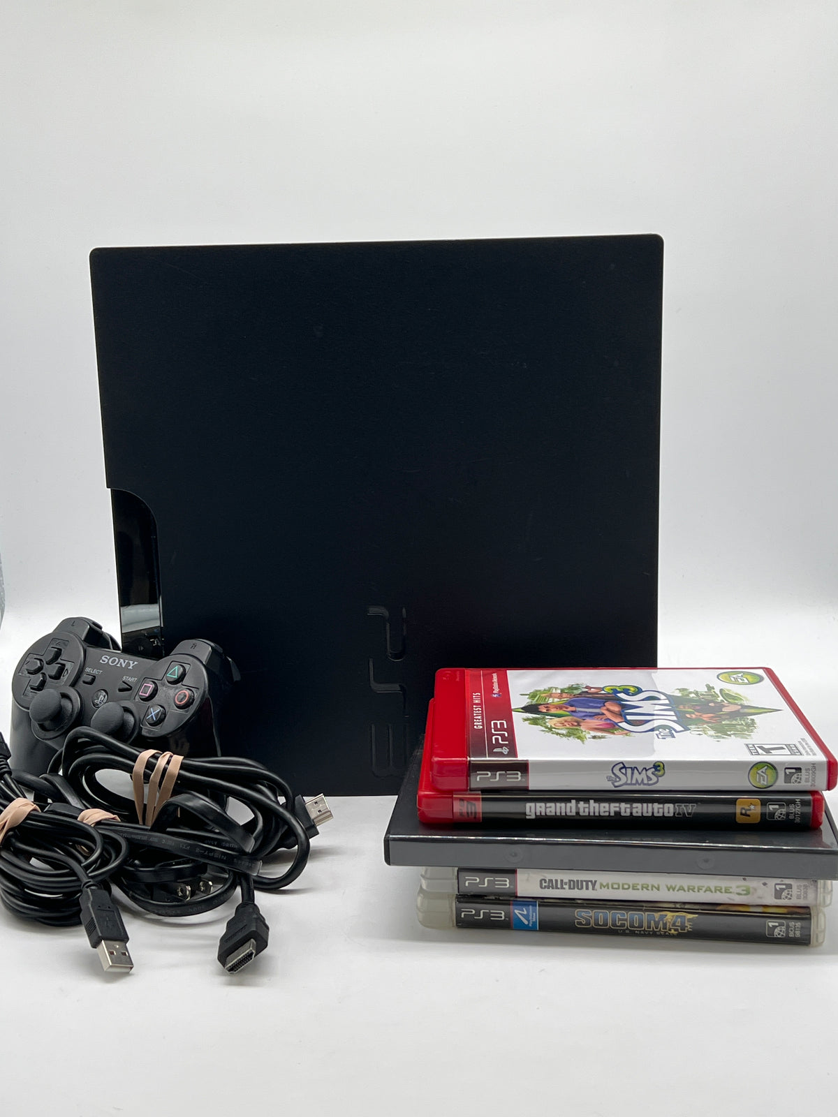 Sony PlayStation 3 Slim CECH-2512B 320GB Black Console w/ 1 Controller 5 Games - Used