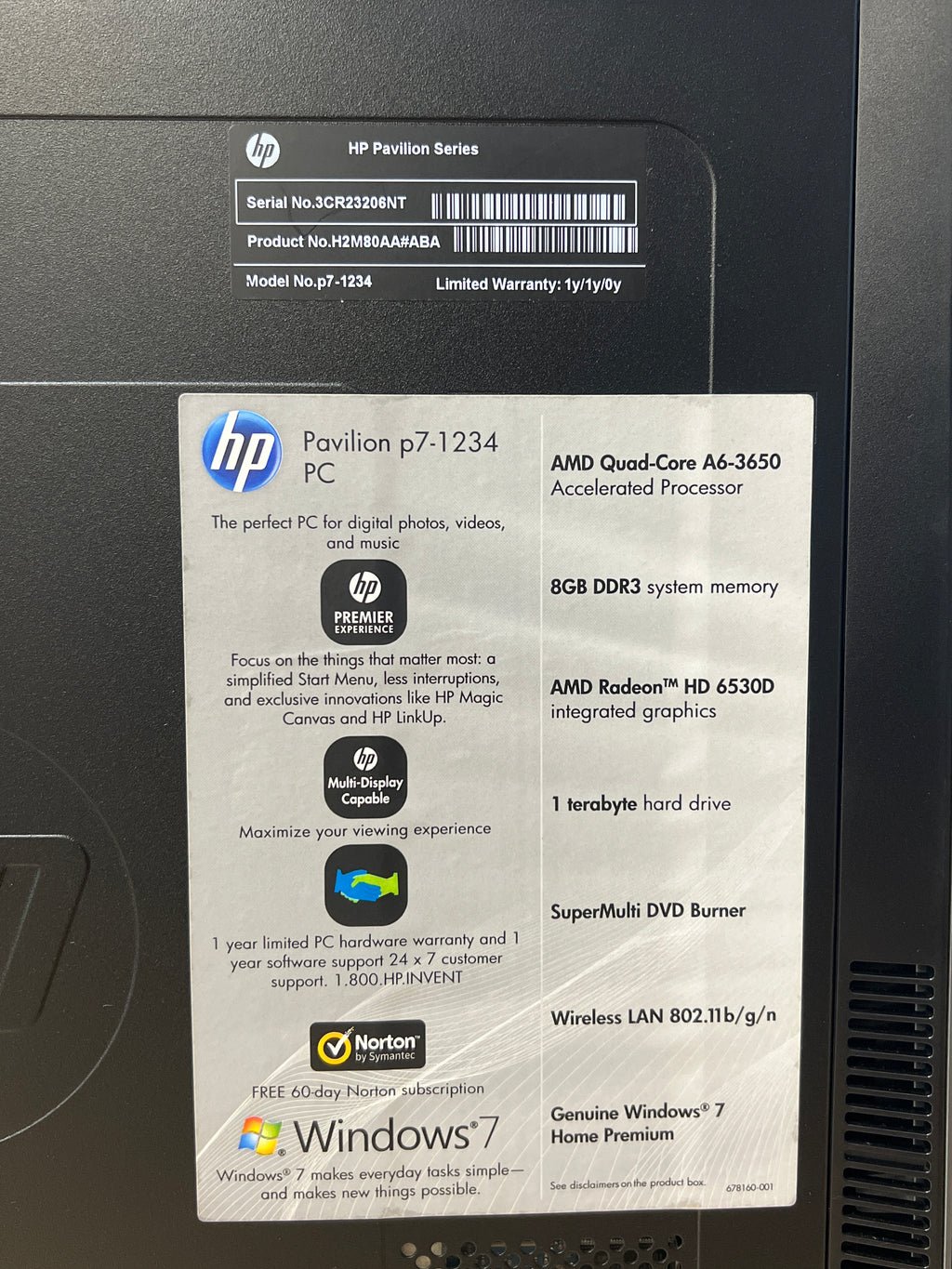 HP Pavilion P7-1234 AMD A6-3650 8GB RAM 1TB HDD - Used