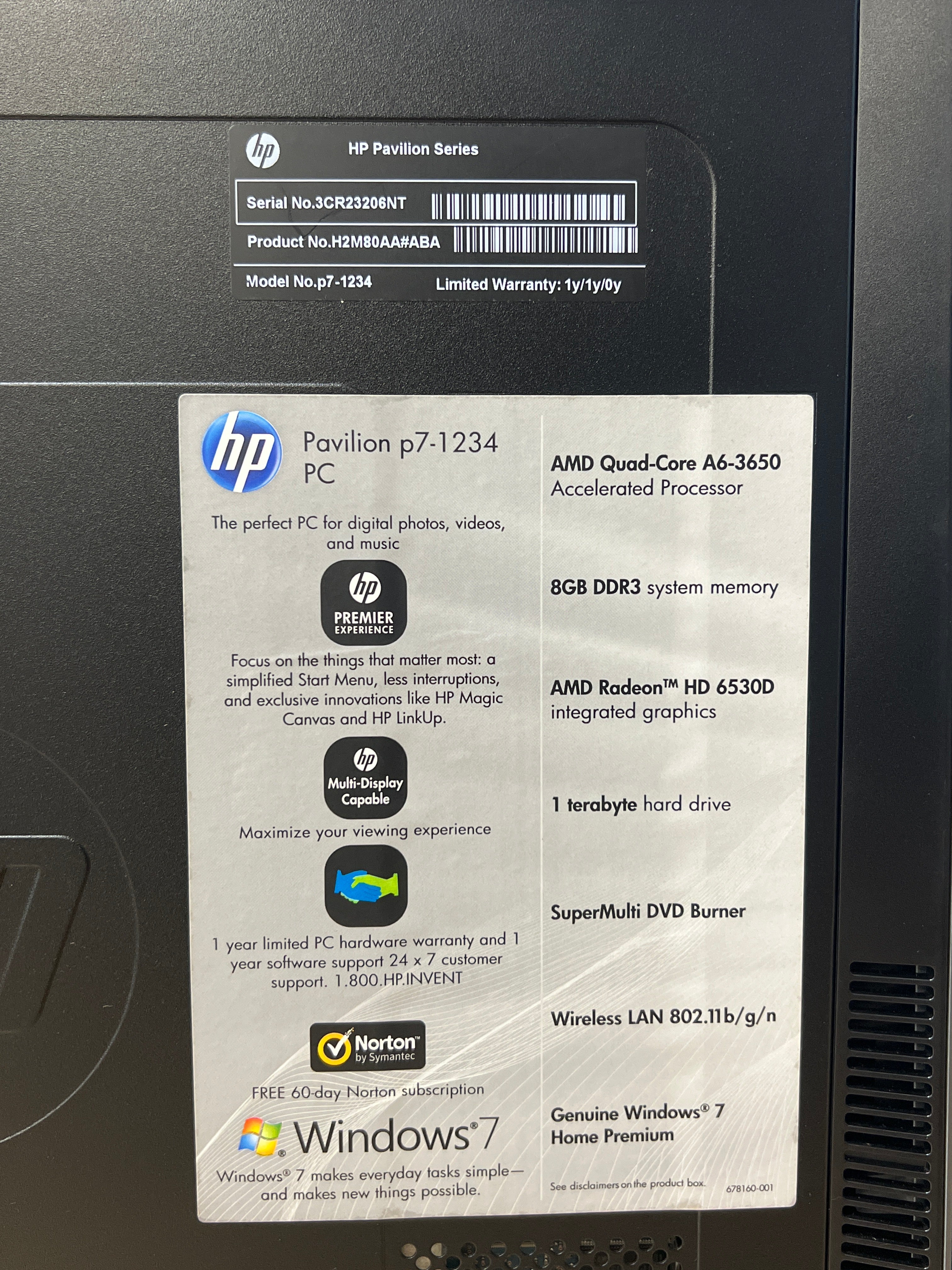 HP Pavilion P7-1234 AMD A6-3650 8GB RAM 1TB HDD - Used