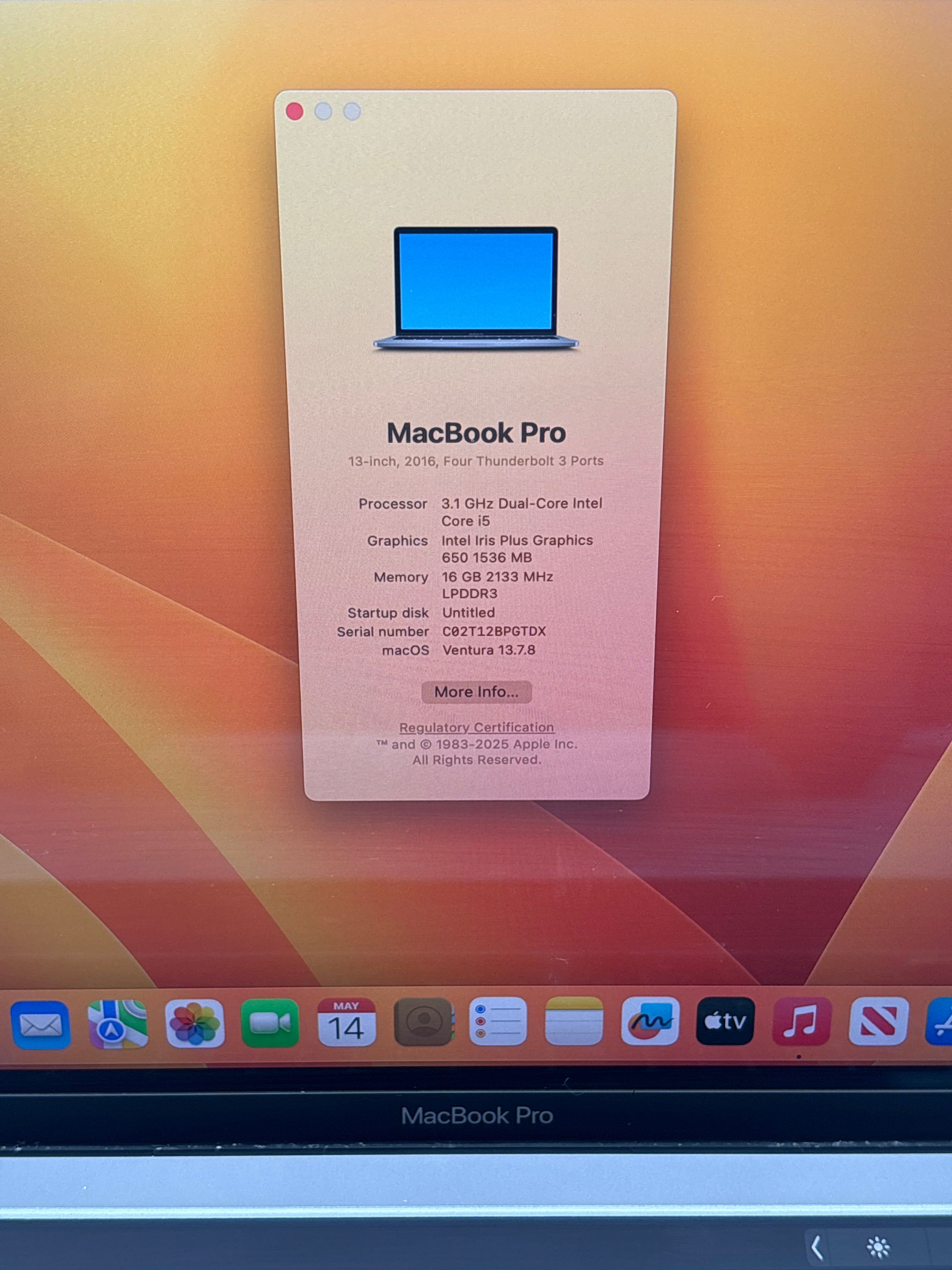 Apple MacBook Pro 13" A1706 i5 3.1 GHz 16GB RAM 256GB SSD