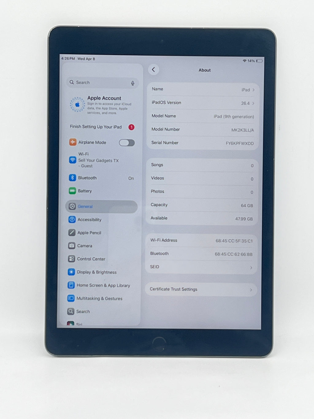 Apple iPad 9th Gen A2602 64GB Wi-Fi - Cracked Screen And Dents