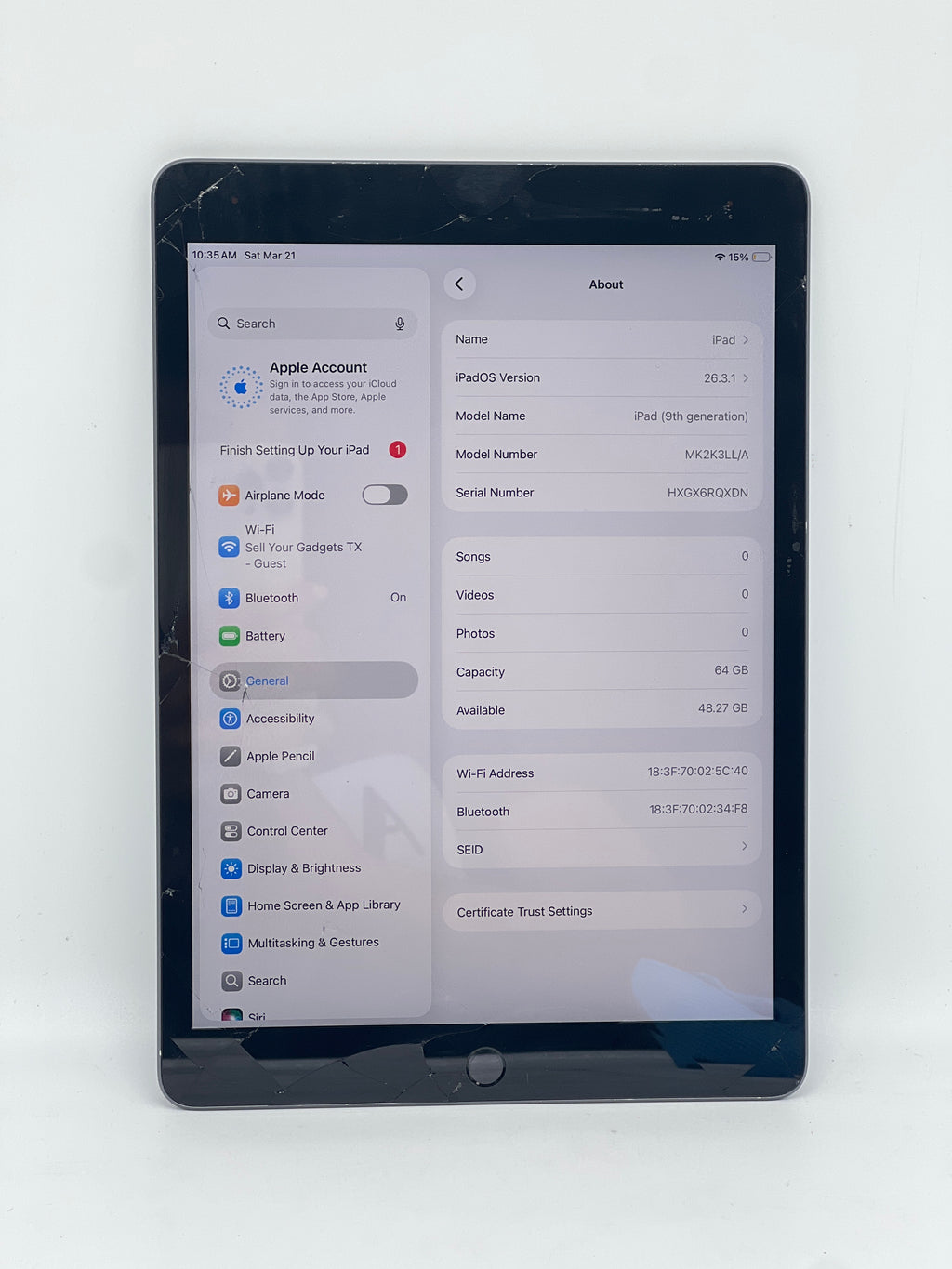 Apple iPad 9th Gen MK2K3LL/A 64GB Wi Fi - Cracked Screen