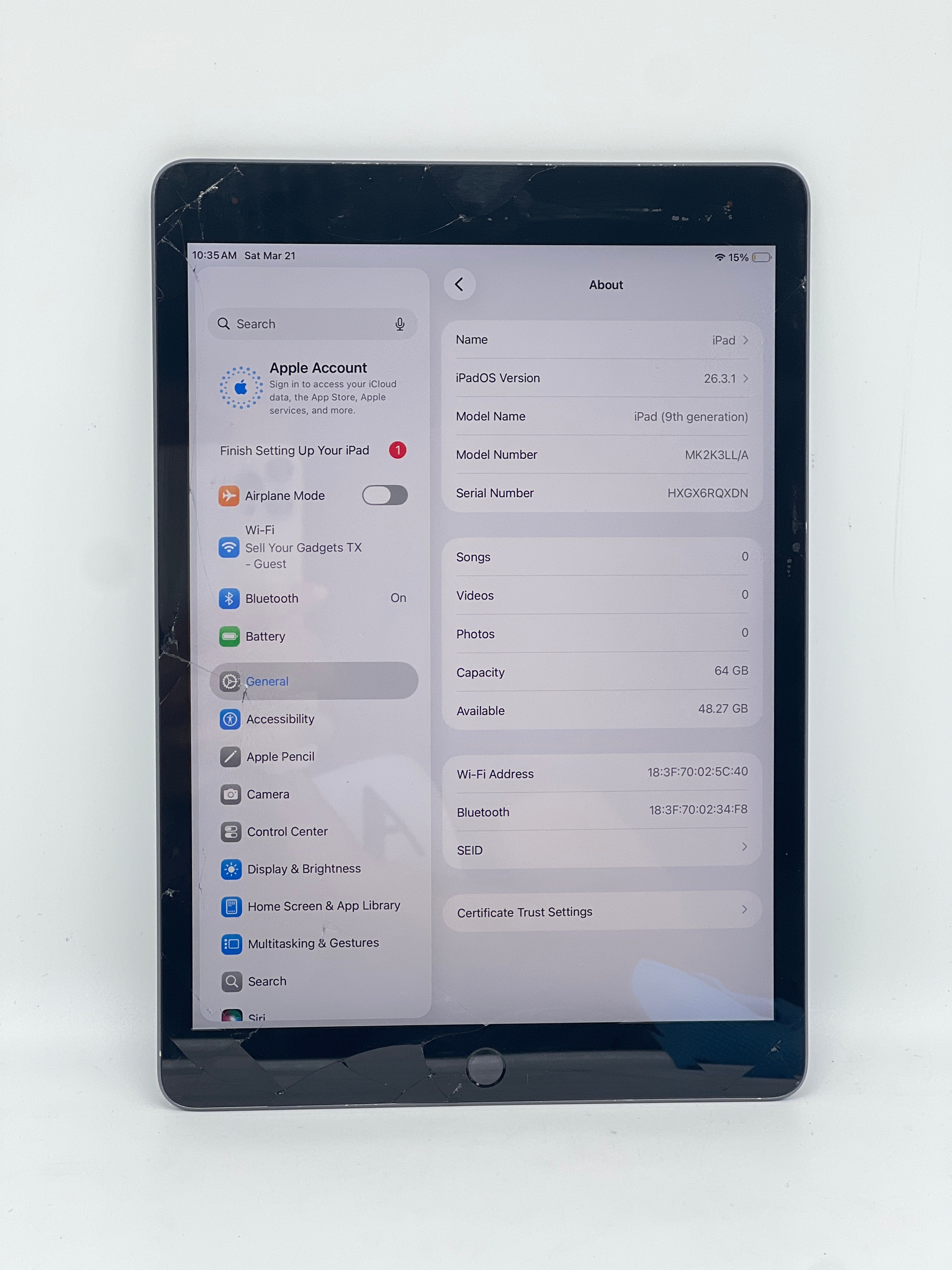 Apple iPad 9th Gen MK2K3LL/A 64GB Wi Fi - Cracked Screen