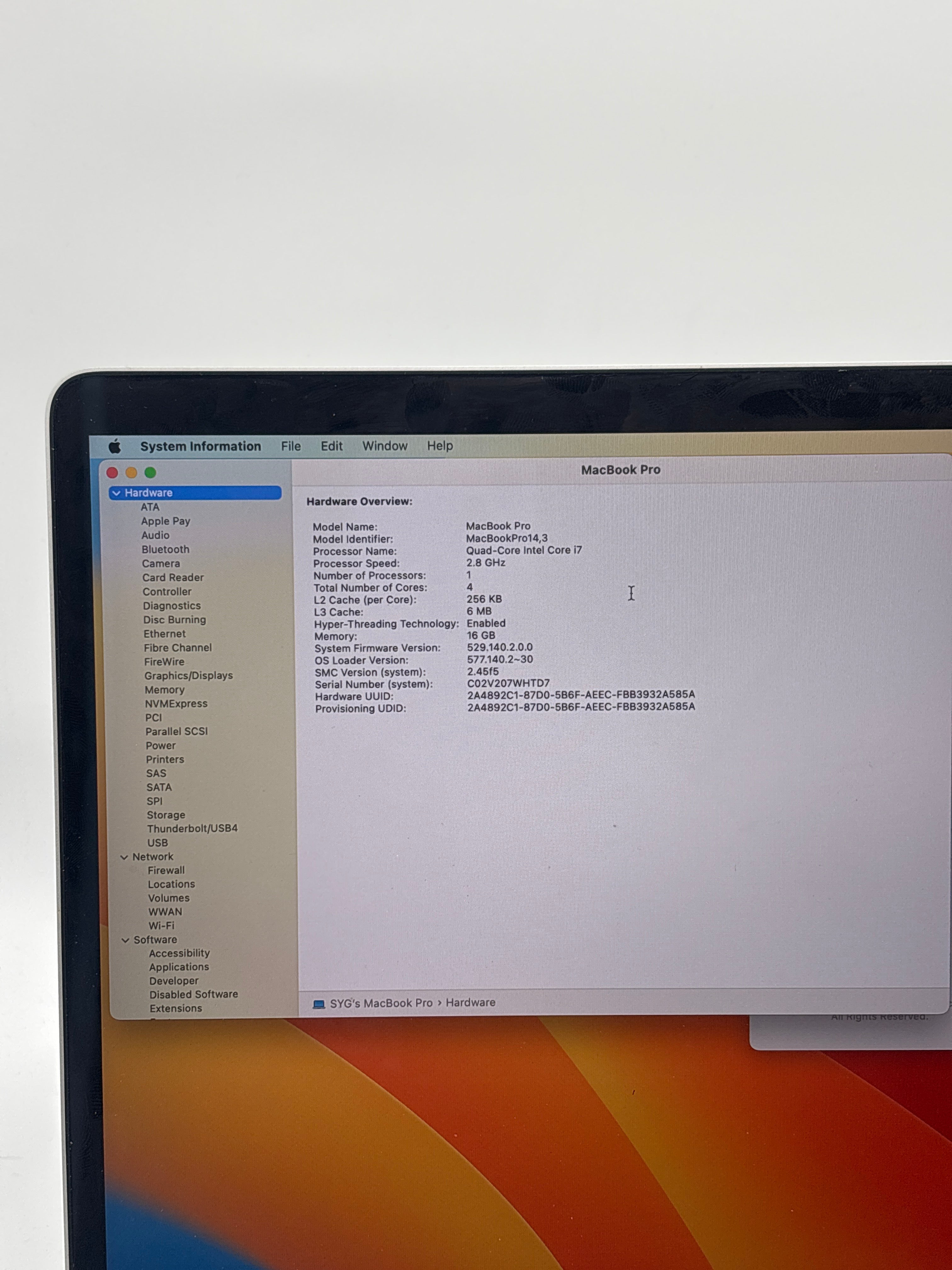 Apple MacBook Pro A1707 Ventura Intel Core i7 16GB RAM 256GB - Used