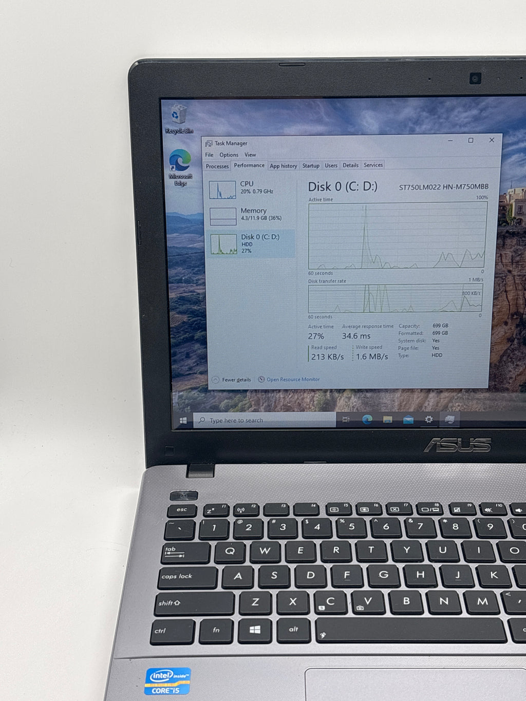 ASUS R510C i5-3337U 12GB RAM 700GB HDD - For Parts (Bad HDD)