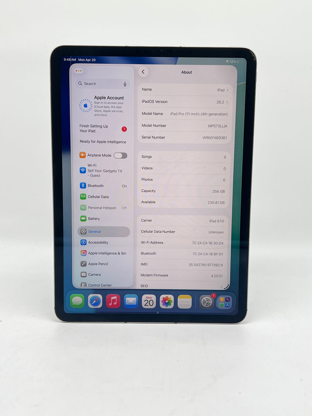 Apple iPad Pro 11" 4th Gen 256GB Wi-Fi + 5G - Cracked Screen