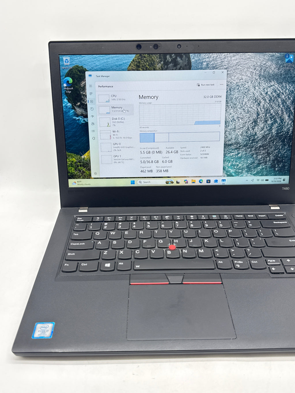 Lenovo ThinkPad T480 i7-8650U 32GB 256GB SSD MX150 - Used