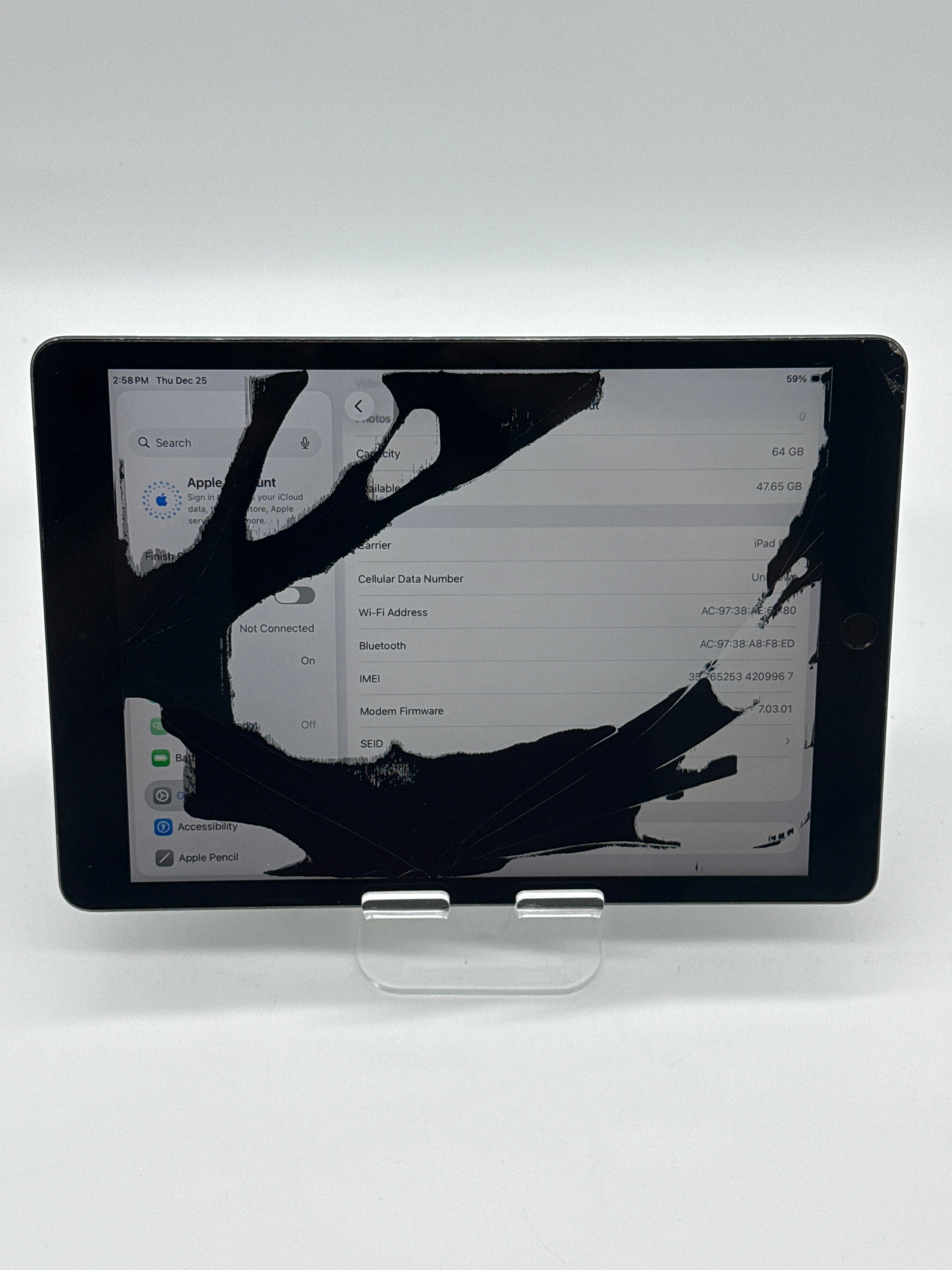 Apple iPad 9th Gen A2603 64GB Space Gray WiFi + Cellular Cracked Screen/Lines
