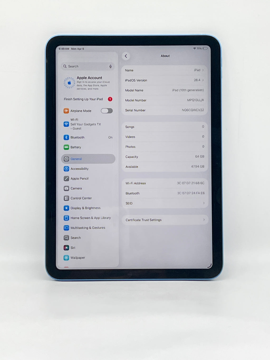 Apple iPad 10th Gen A2696 64GB Wi-Fi Blue - Used