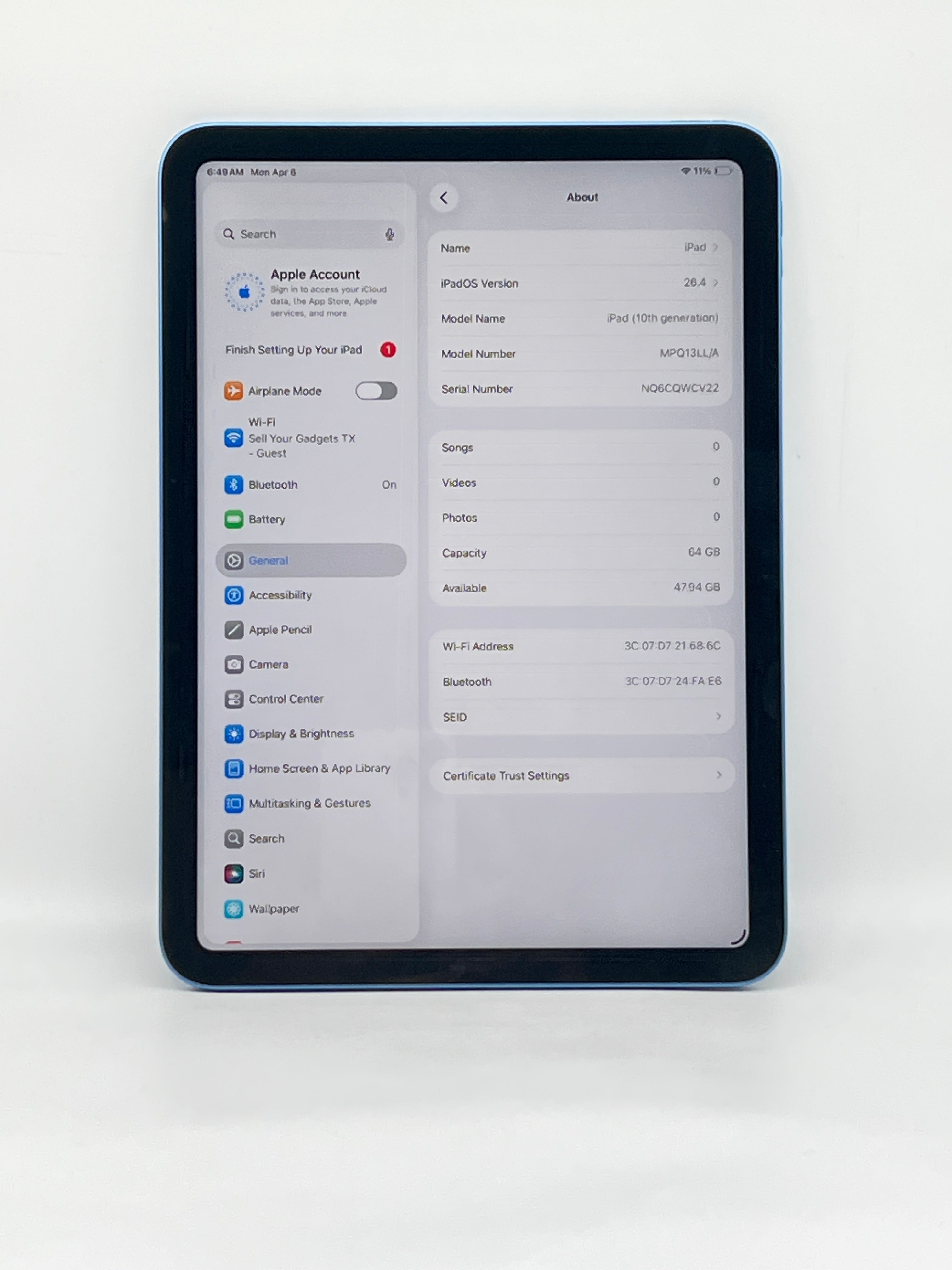 Apple iPad 10th Gen A2696 64GB Wi-Fi Blue - Used