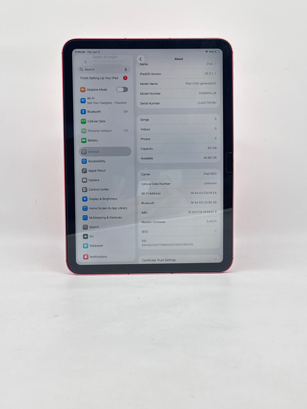 Apple iPad 10th Gen A2757 64GB Wi-Fi + CELL Pink - Bent Frame