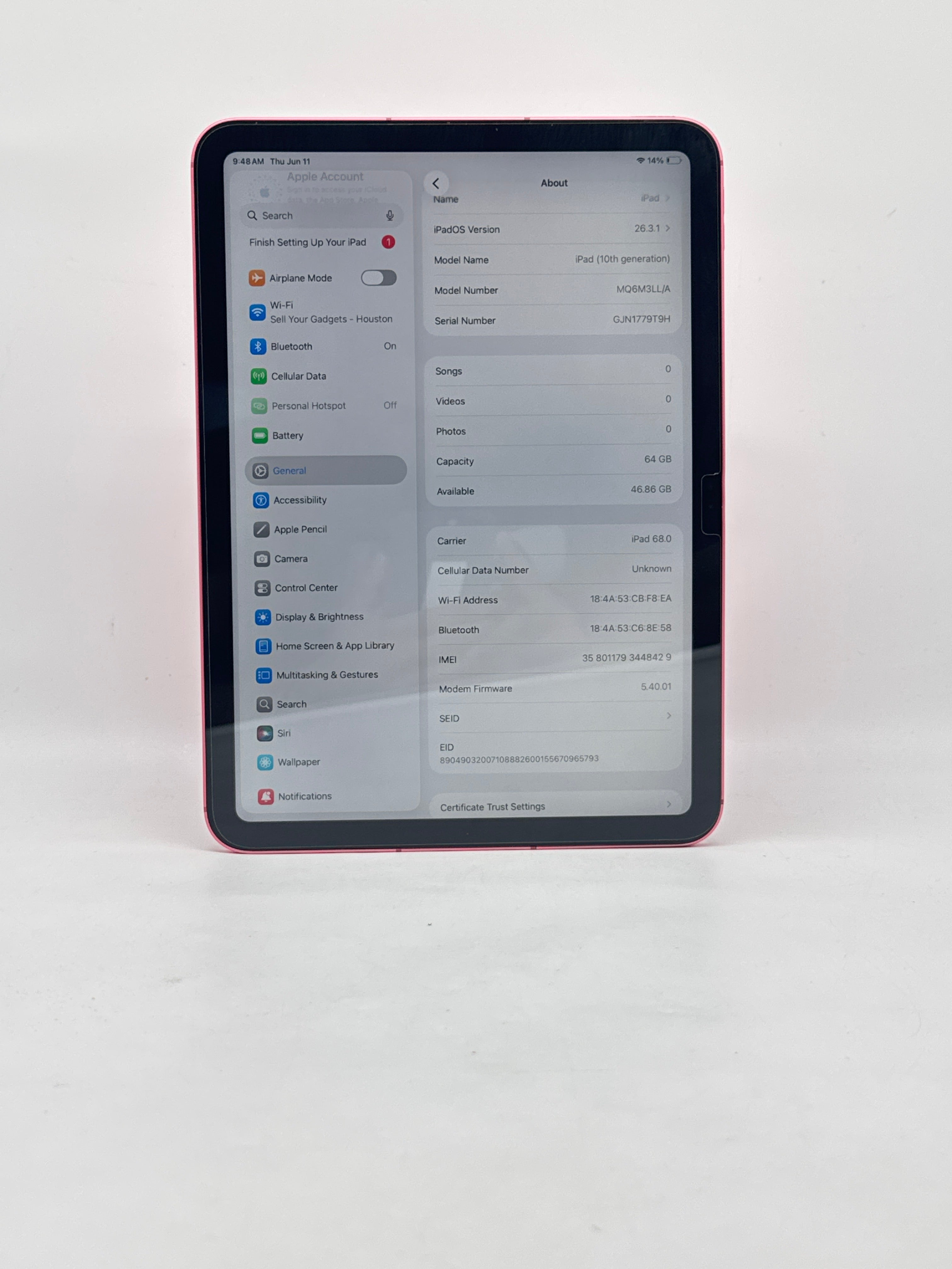 Apple iPad 10th Gen A2757 64GB Wi-Fi + CELL Pink - Bent Frame