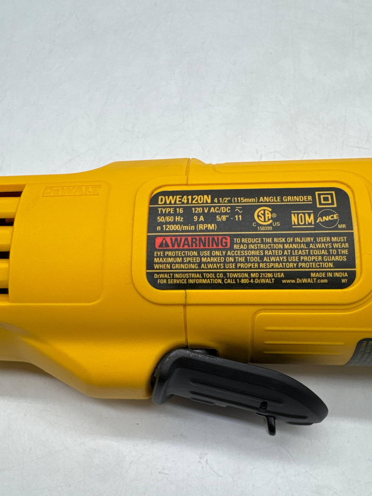 DeWalt DWE4120N 4-1 2in Angle Grinder 120V 12000 RPM Yellow - Used