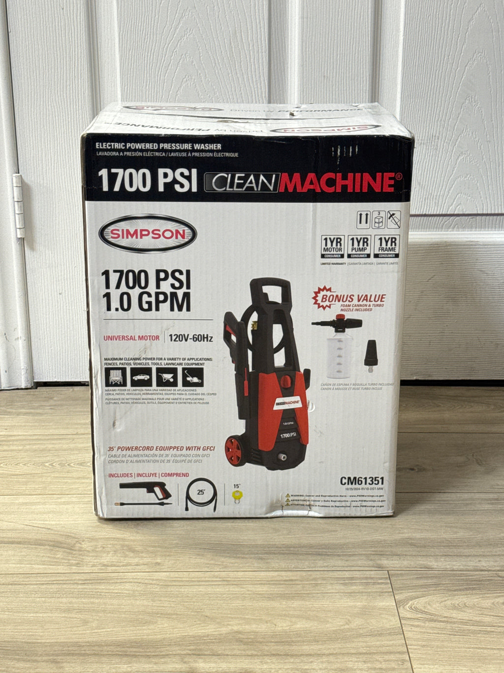 SIMPSON CM61351 Clean Machine 1700 PSI Electric Pressure Washer - New
