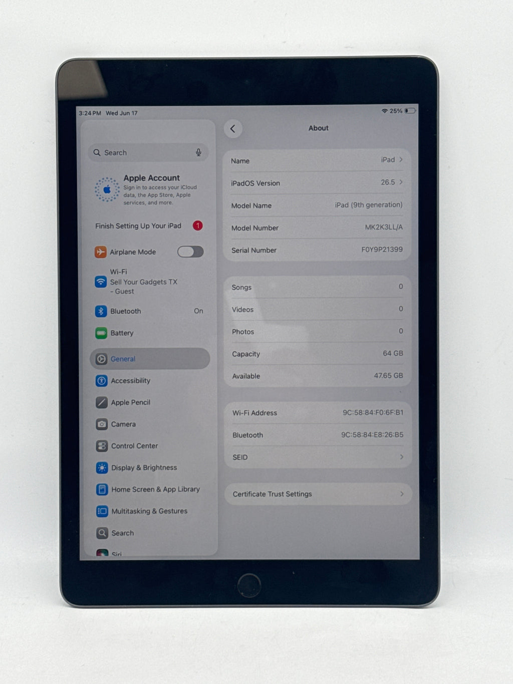 Apple iPad 9th Gen 10.2" 64GB  WiFi Only - Space Gray A2602