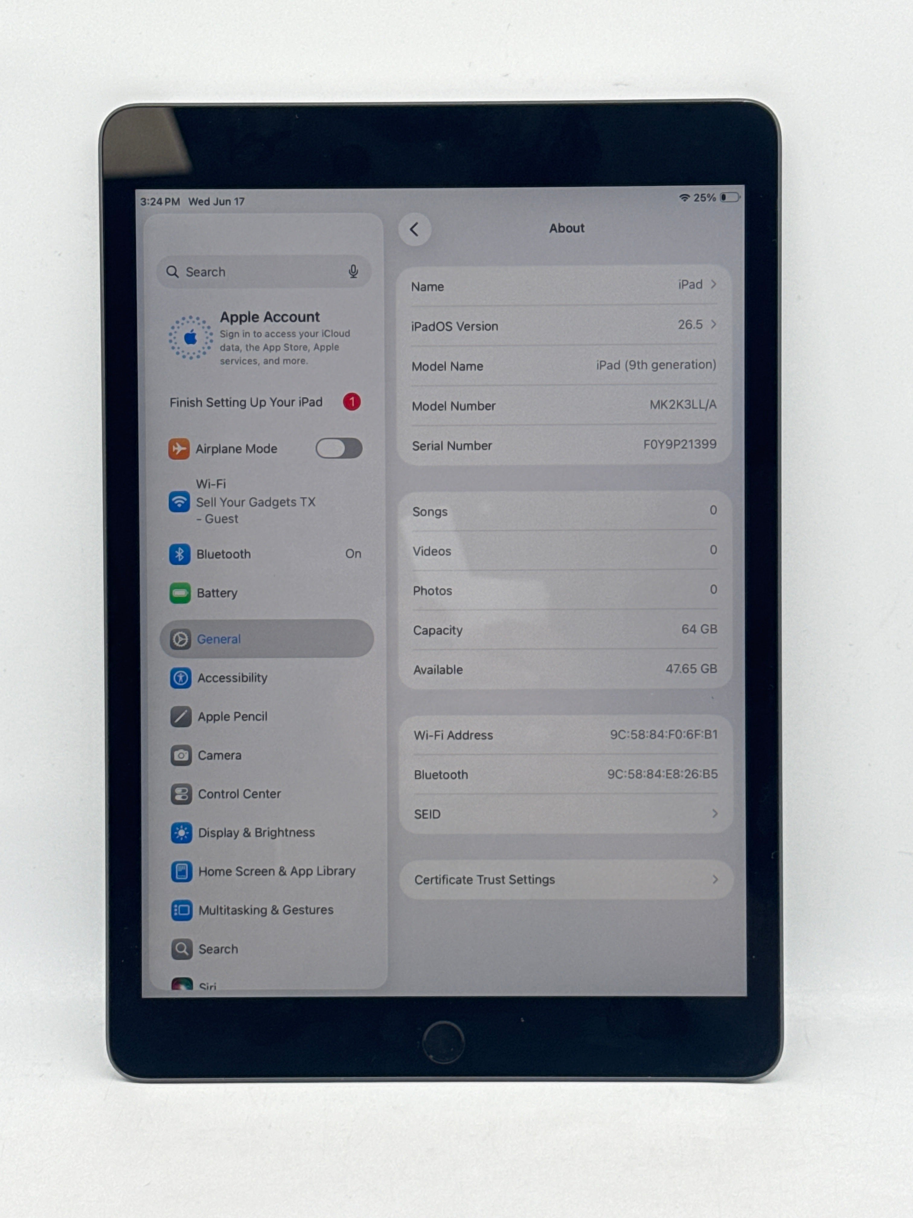 Apple iPad 9th Gen 10.2" 64GB  WiFi Only - Space Gray A2602