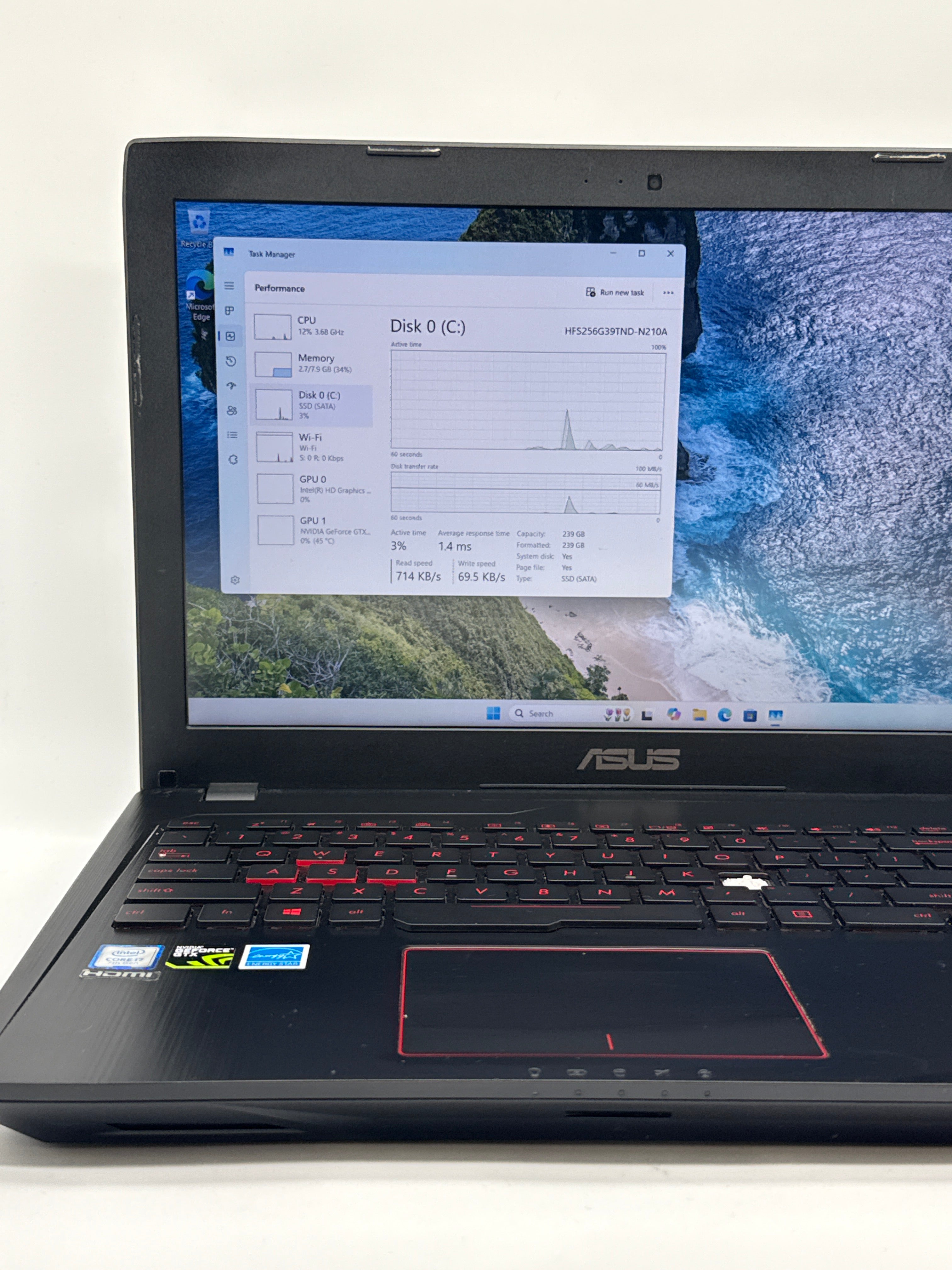 Asus FX53V i7-7700HQ 8GB RAM 256GB SSD Black Laptop Broken (Read)