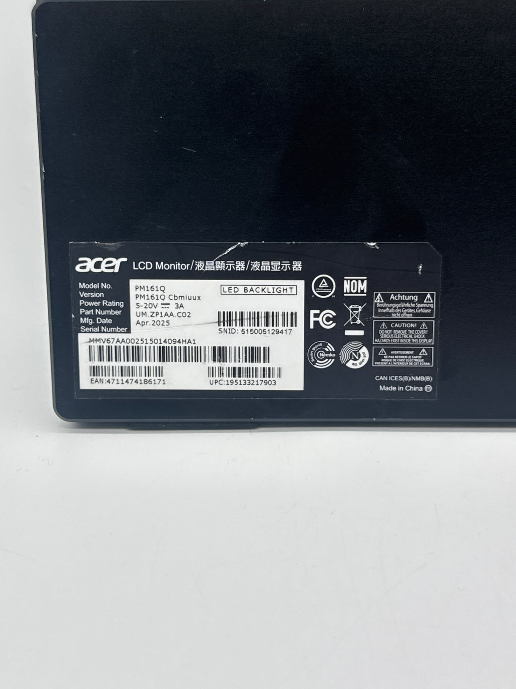 Acer PM161Q Portable LCD Monitor