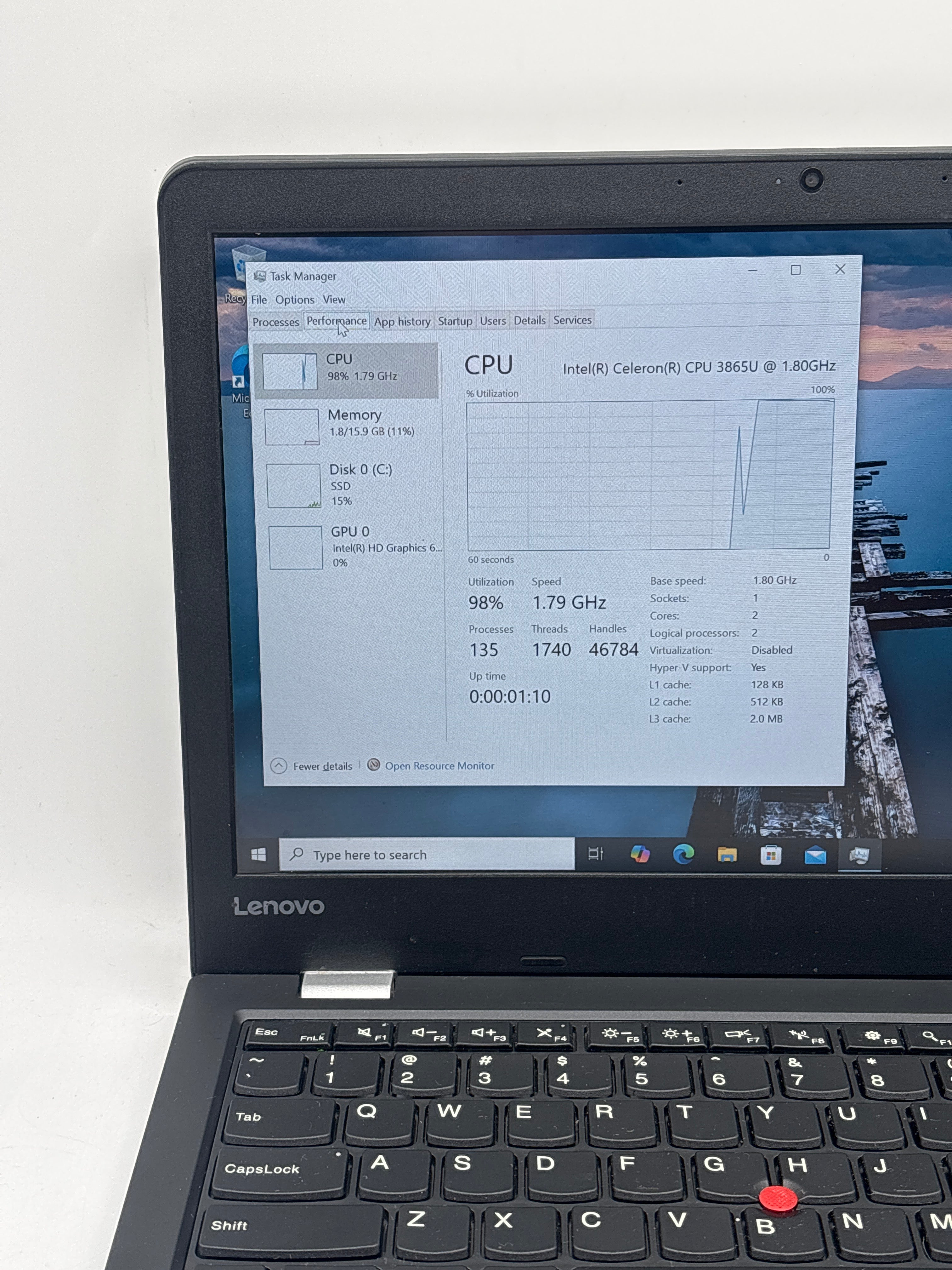 Lenovo ThinkPad 15.6" Intel Celeron 3865U 16GB RAM 256GB SSD - Used