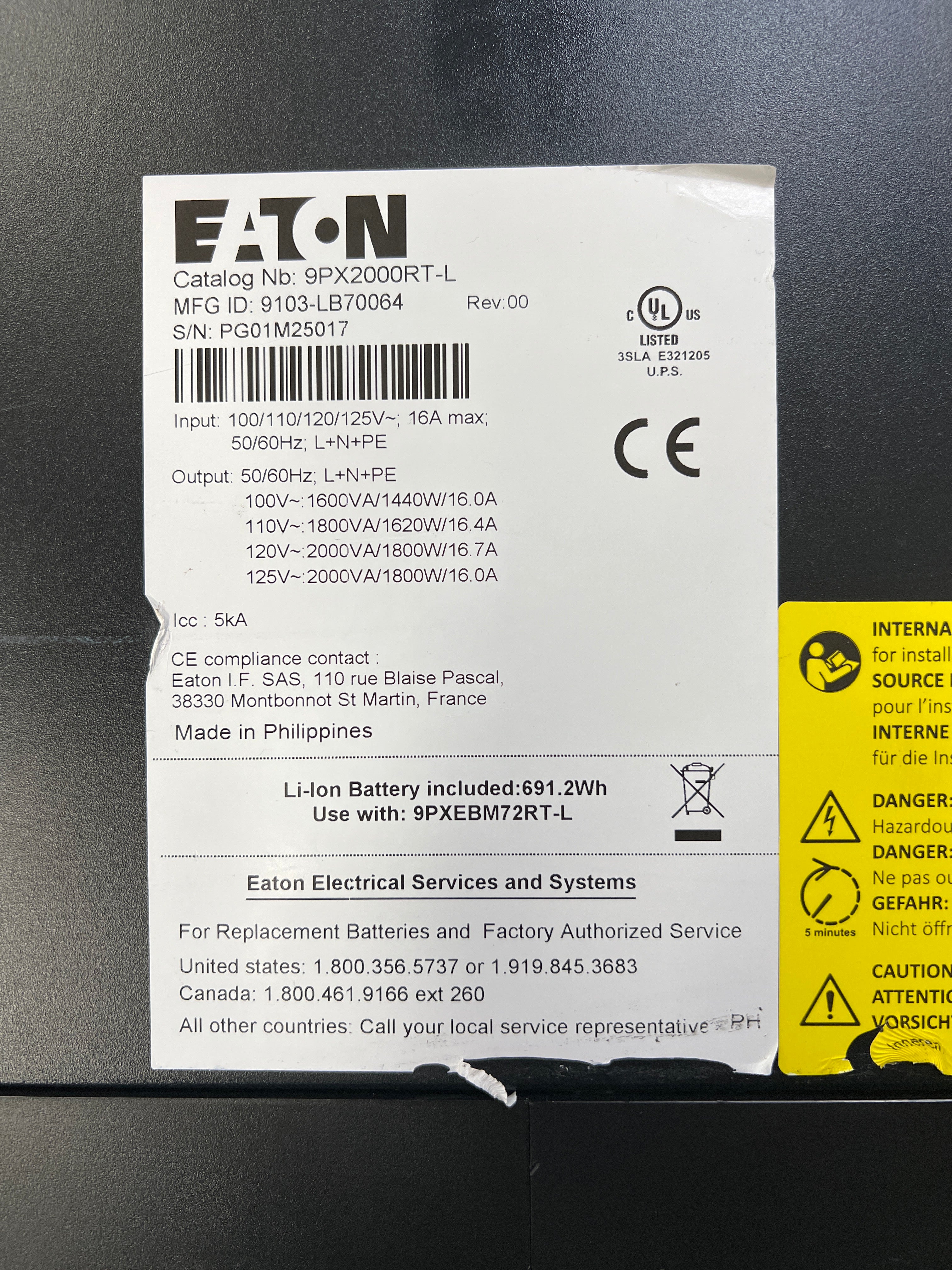 Eaton 9PX 2000VA 120V 1800W Tower Rack Mountable UPS 9PX2000RT