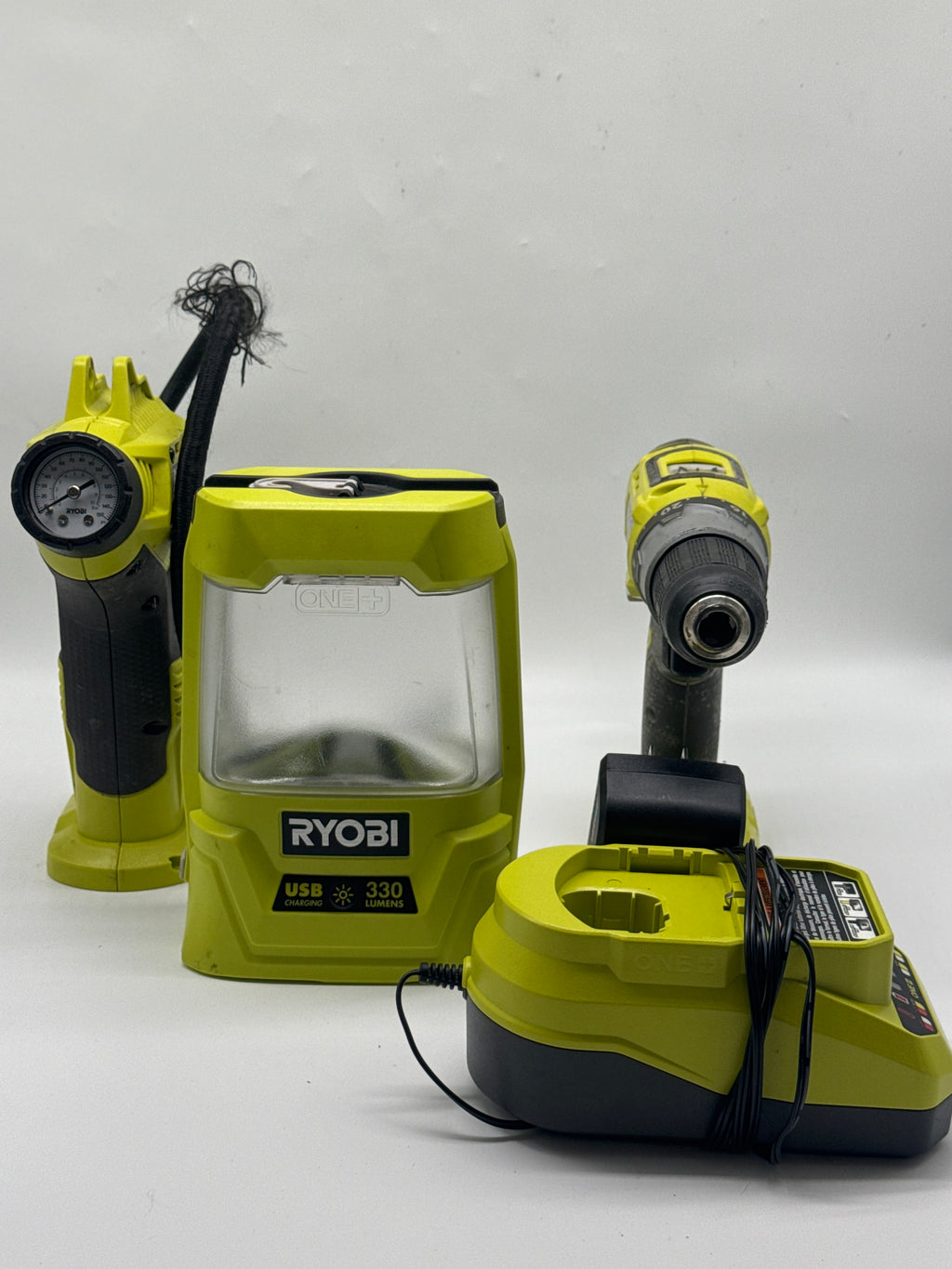 Ryobi 18V ONE+ Tool Bundle Drill Driver, LED Light, Inflator, Charger - Used