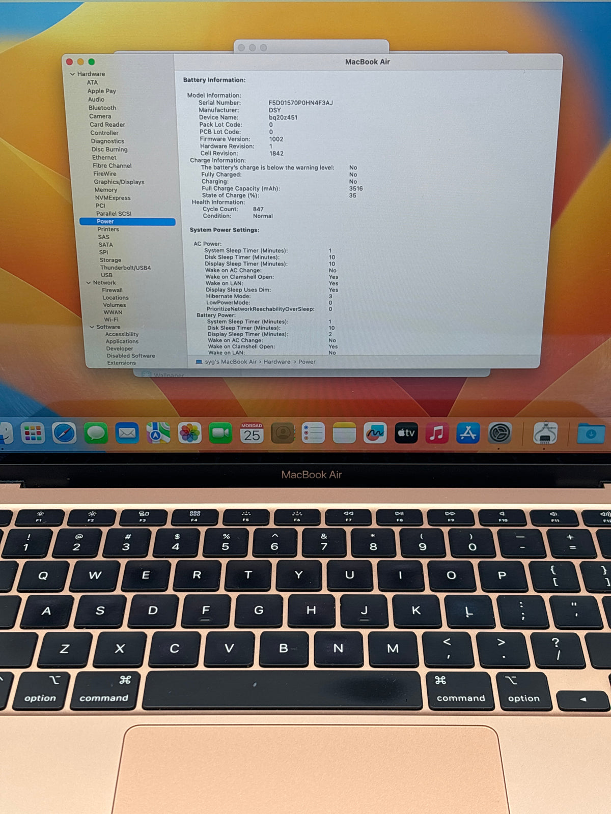 Apple MacBook Air 13" A2179 Intel Core i5 16GB RAM 512GB SSD Gold - Used