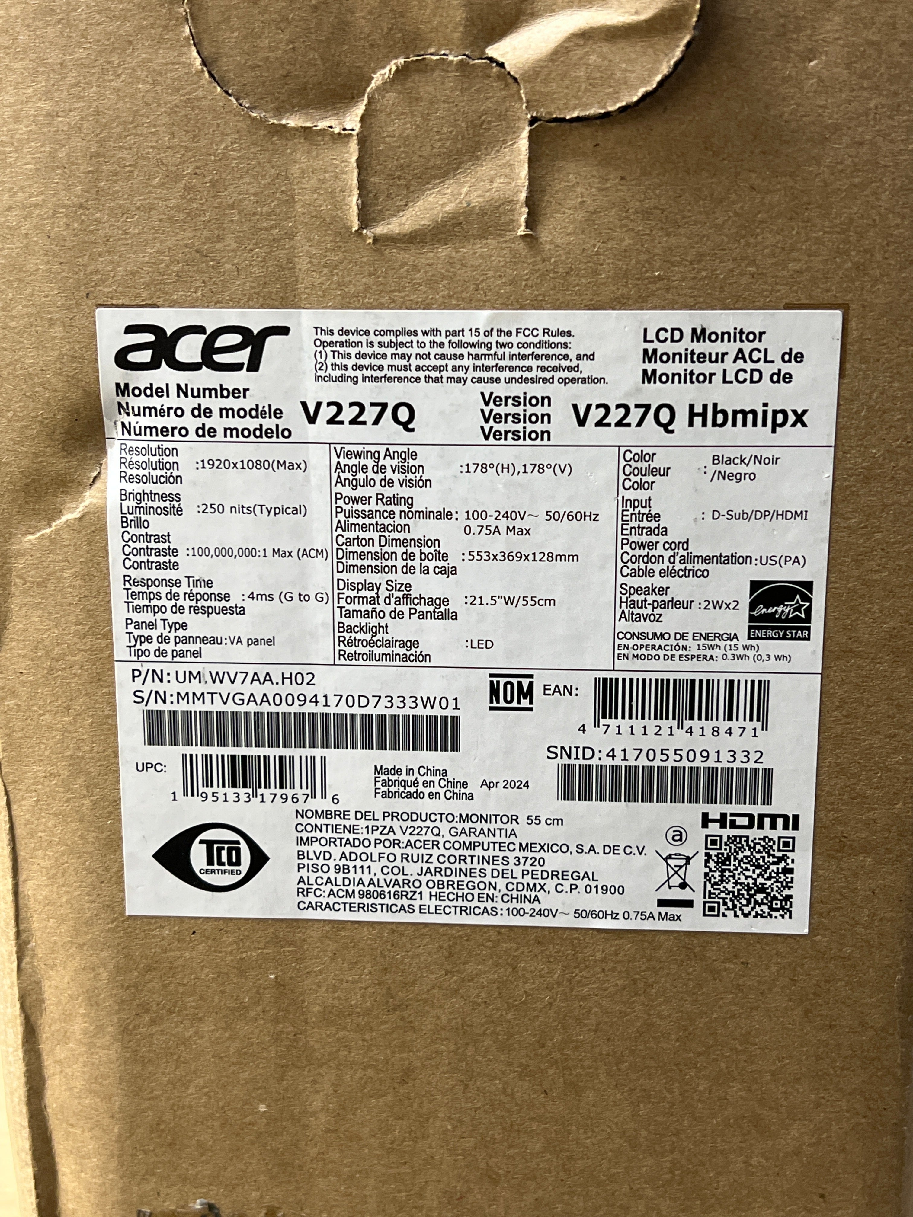 Acer Vero V7 Monitor V227Q 22" 1080p 100Hz 4ms LED - New