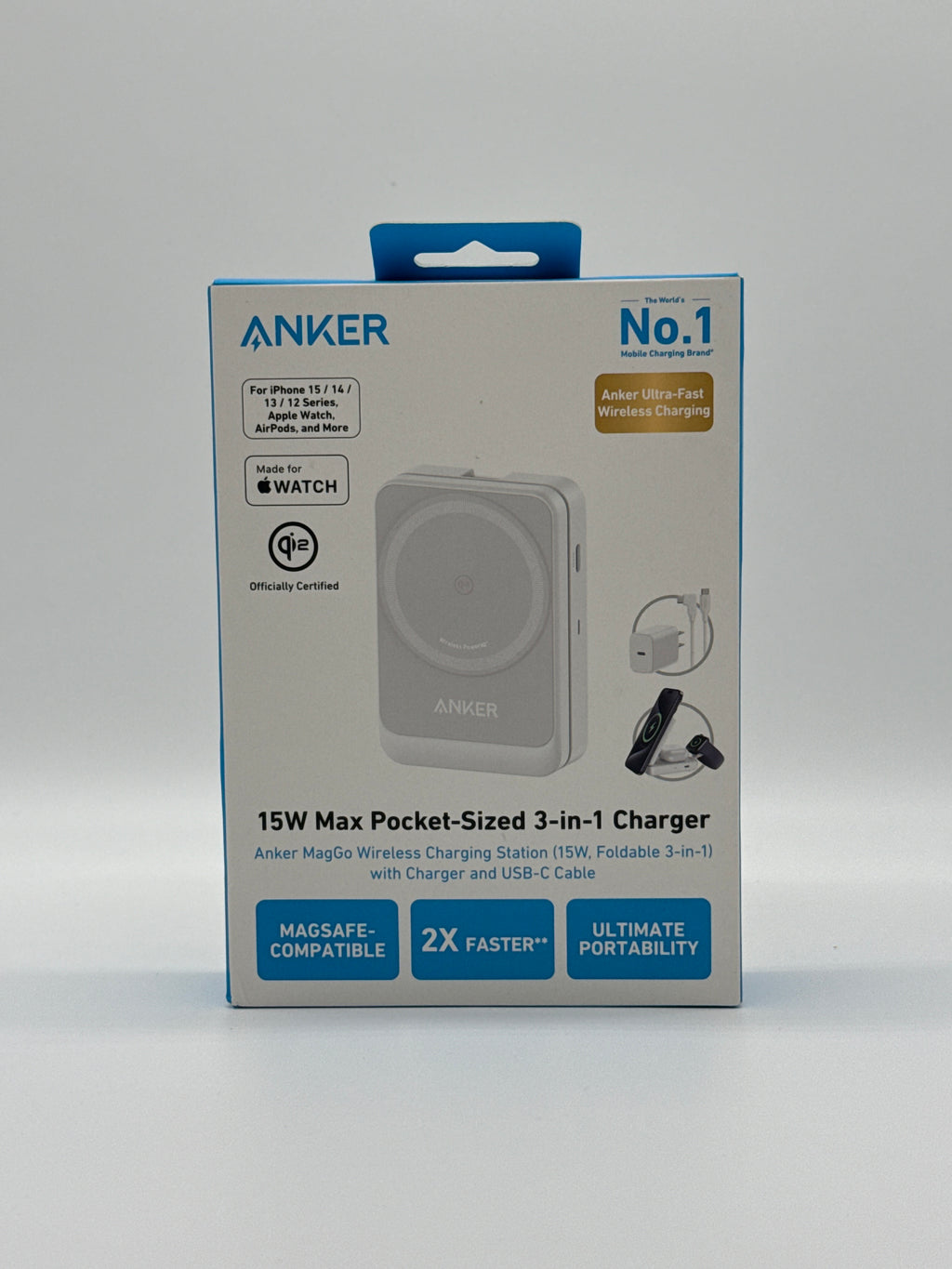 Anker MagGo 15W Max Pocket Sized 3-in-1 Wireless Charger White New