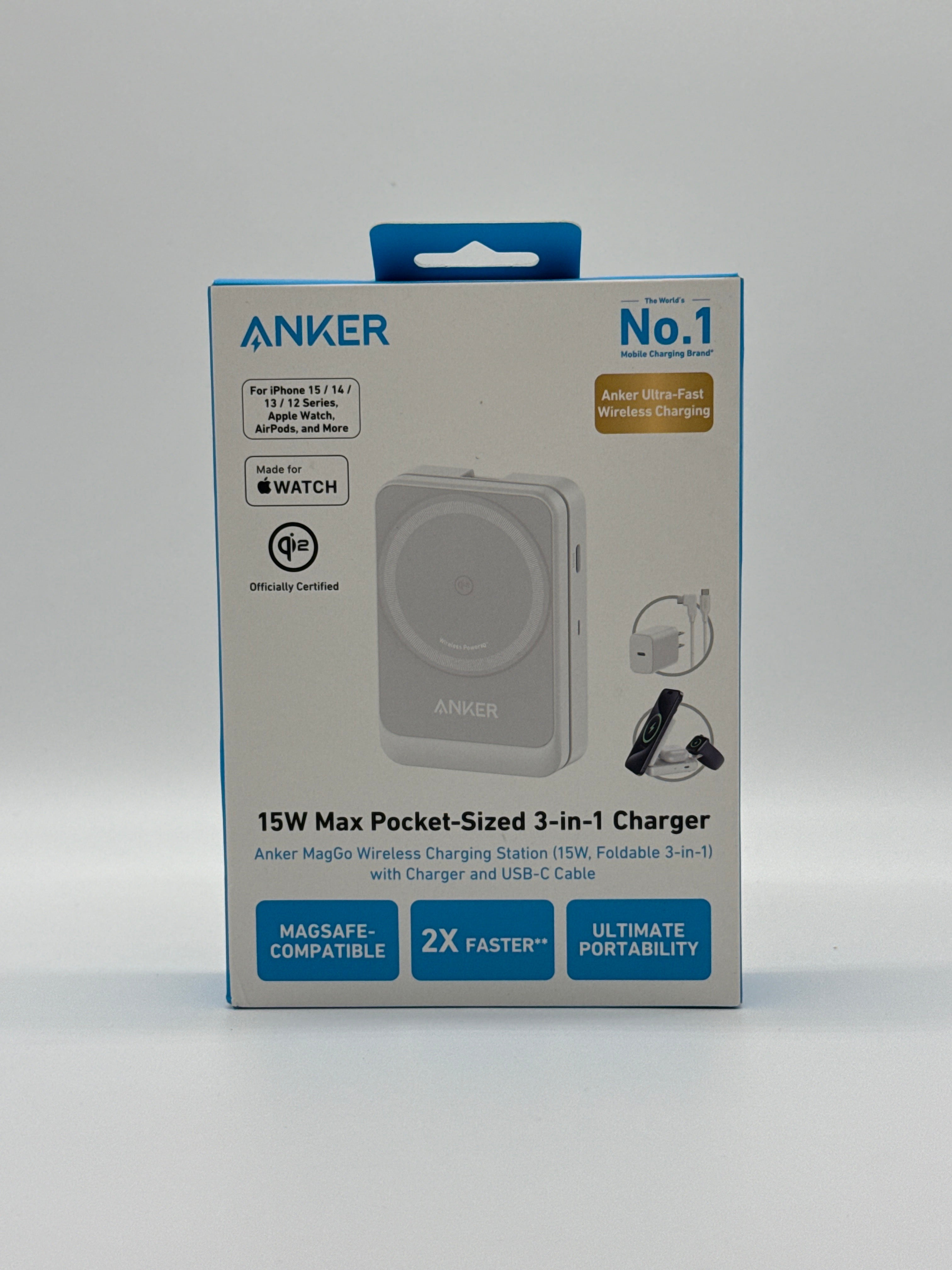 Anker MagGo 15W Max Pocket Sized 3-in-1 Wireless Charger White New